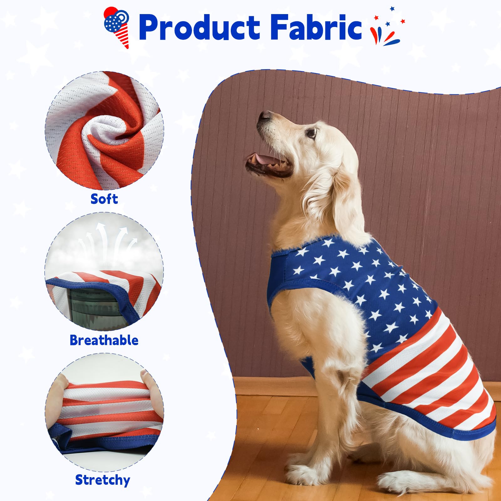 LyssKMK Patriotic Dog Costume - Sleeveless Shirt, American Flag Summer Tank Top, Mesh Breathable Independence Day Outfits for Large Dog 2XL