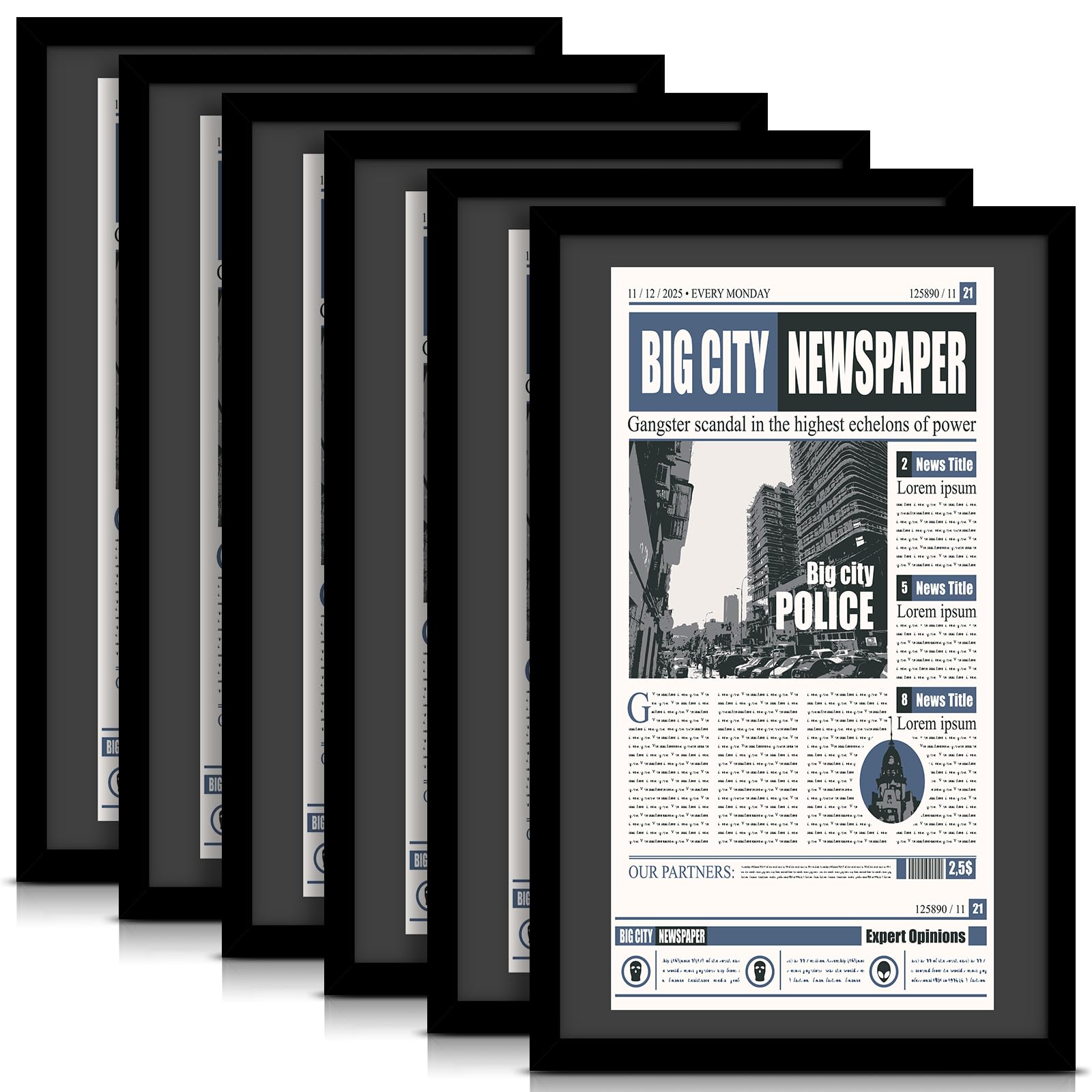 DoubleFill 6 Pcs 11x22 in Newspaper Frame with Mat Assorted Media Article Cover Frame with Hanging Hardware 14x24 in Newspaper Display Poster for Wall