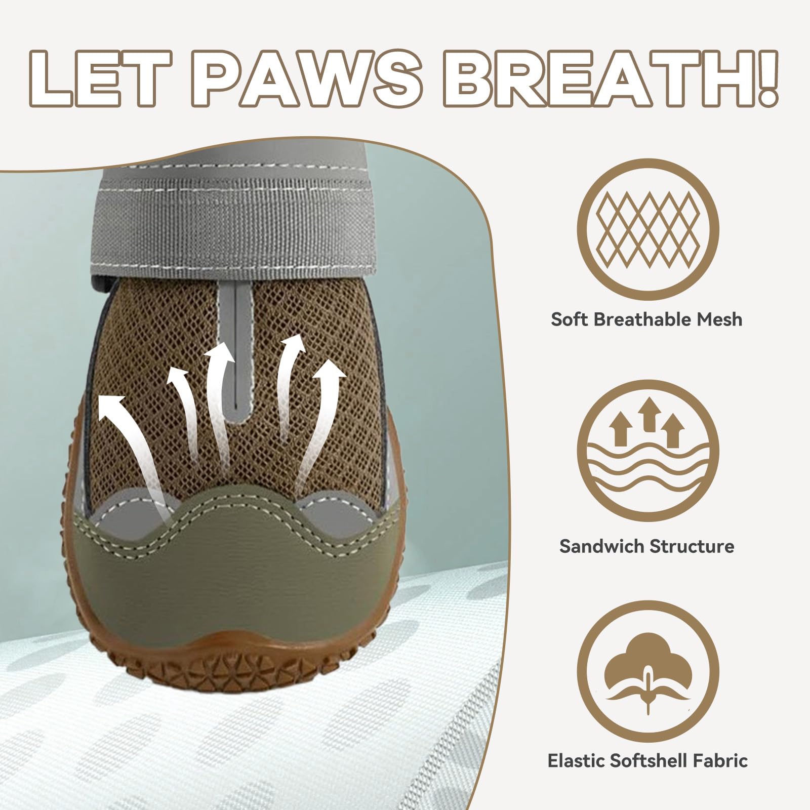 Hundestiefel, wasserdichte Hundeschuhe für große, mittelgroße und kleine Hunde, geeignet für heiße Sommerpflaster, verstellbarer, rutschfester Gummi-Potenschutz (Braun, Nr. 6 (Breite 6,6 cm