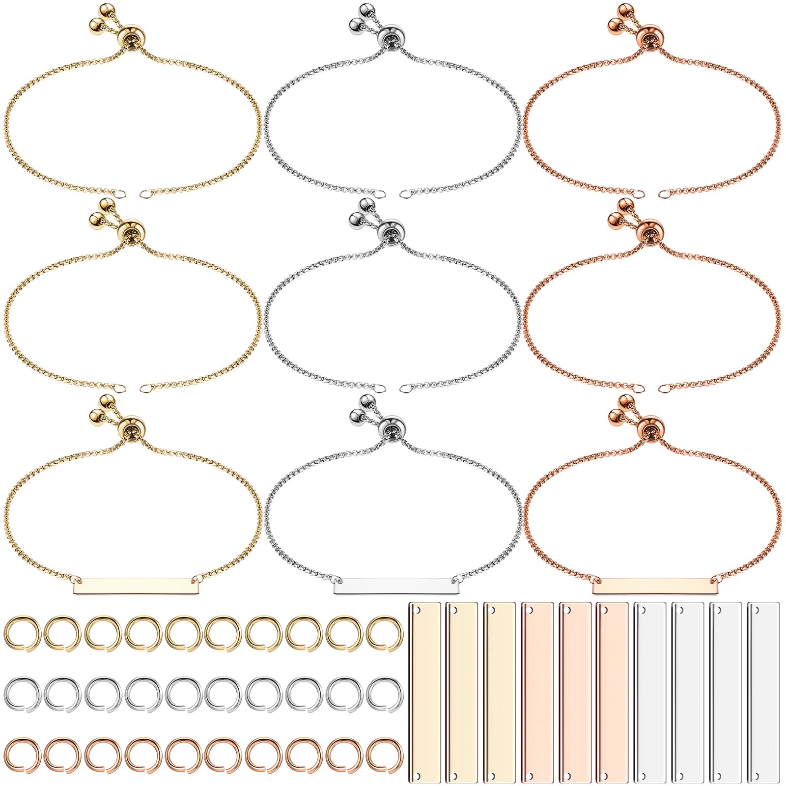Ecation 3 Colors 10 Set Engravable Bracelets DIY Kit Including 10 Rectangle Blank Tag Pendants 10 Adjustable Slider Bracelets 30 Open Jump Rings for DIY Bracelet Laser Crafting