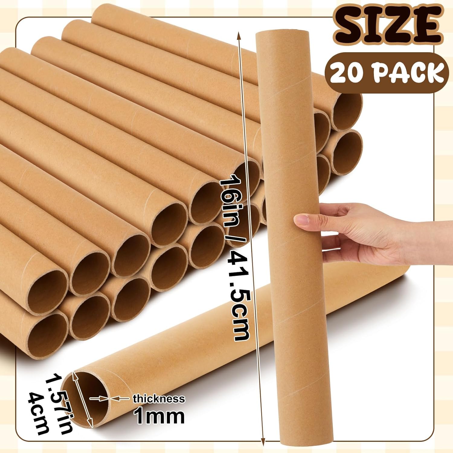 Honoson 20 Pack Large Cardboard Tube Bulk for Craft 1.5 x 16 Inches Empty Toilet Paper Rolls Paper Craft Round Tubes Brown DIY for Crafts Cardboard Tube Supplies Kraft Strong Pressure Resistant