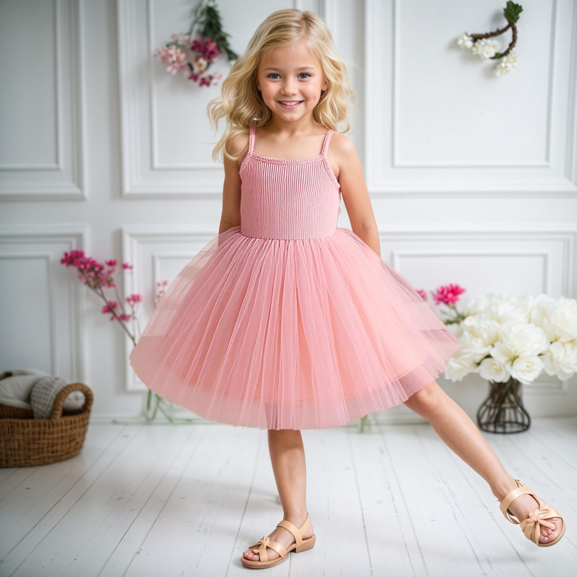 Vestido Tul para Niña Sin Mangas Algodón Verano Vestidos Tirantes A-Line Tutú Casual Elegante Ropa Princesa Fiesta Ceremonia 2-7 Años Negro/Rosa