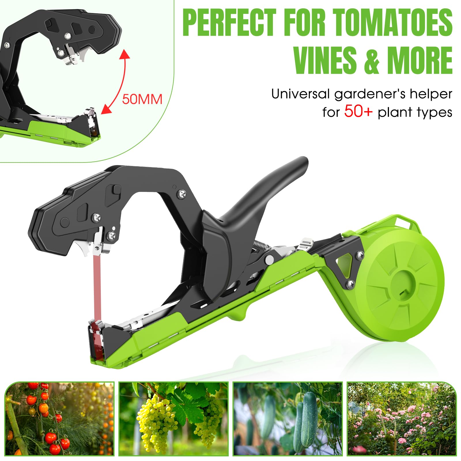 SWANSOFT Machine à attacher les plantes, outil léger pour attacher les plantes, les tomates, les raisins et les potagers, livré avec 20 000 agrafes, 20 rouleaux de ruban adhésif (vert)