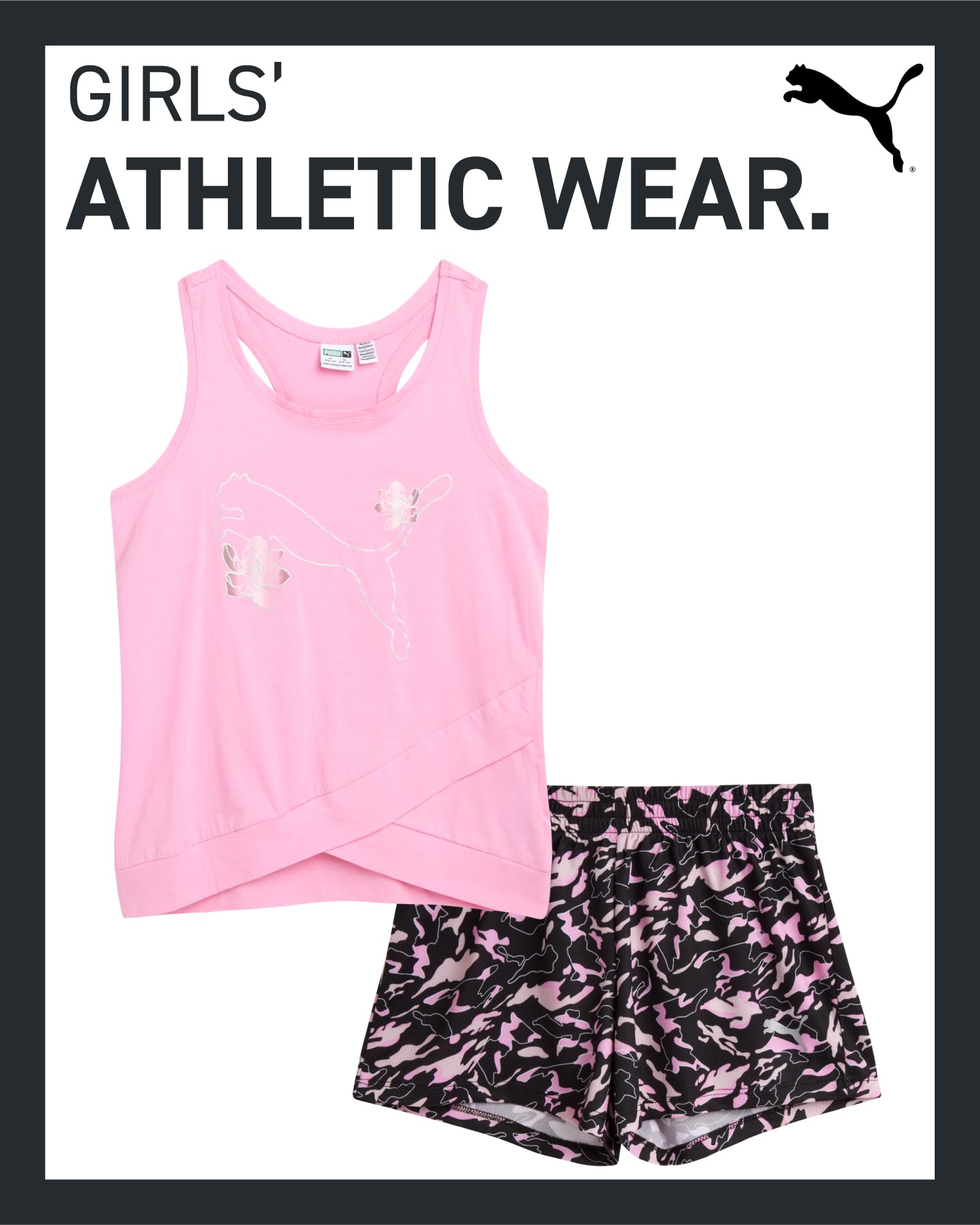 PUMA Conjunto de pantalones cortos activos para niñas, camiseta sin mangas de rendimiento de 2 piezas y pantalones cortos de gimnasio, bonito atuendo atlético de verano para niñas (S-L)