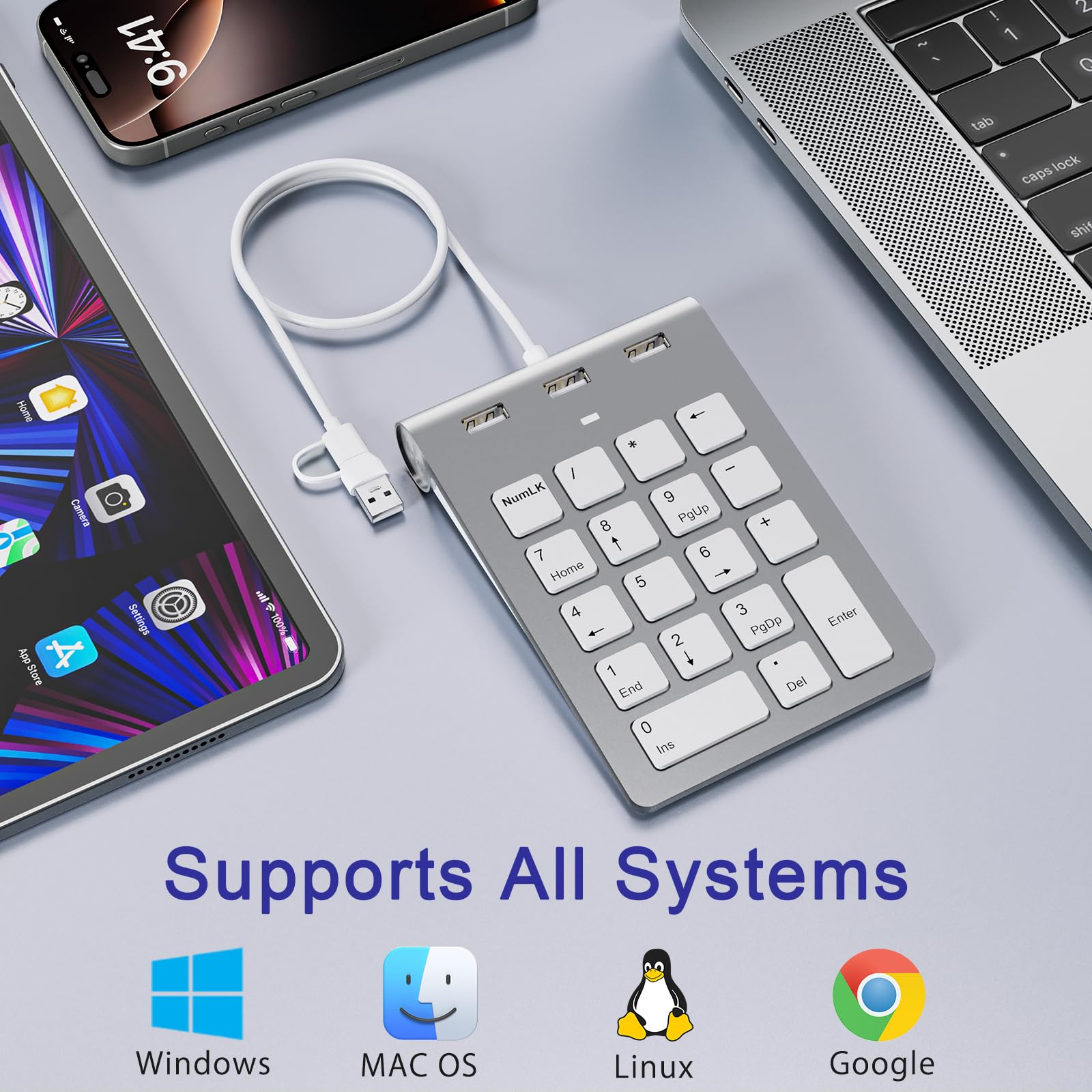 Pavé numérique filaire USB C/USB A, mini pavé numérique ergonomique avec 3 ports USB 2.0, pavé numérique 18 touches, pavé numérique de calcul de bureau pour ordinateur portable, ordinateur de bureau,