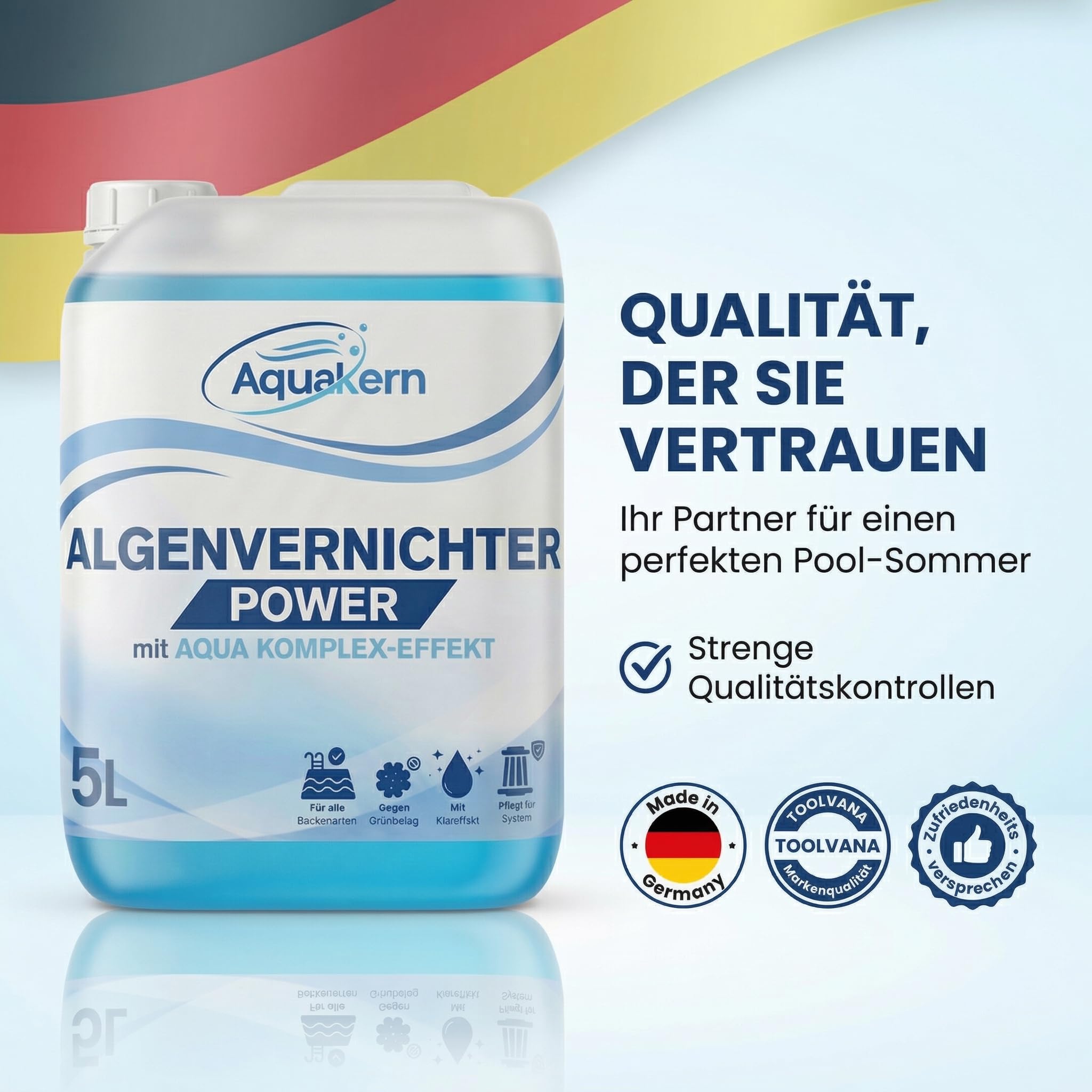 Algenvernichter Pool Power 5L [mit Aqua KLAR KOMPLEX] entfernt Grünbelag | Algizid bei Grünalgen | Für mehr als 250.000 Liter | Schaumfreier Algenverhüter | Algenschutz | Made in Germany