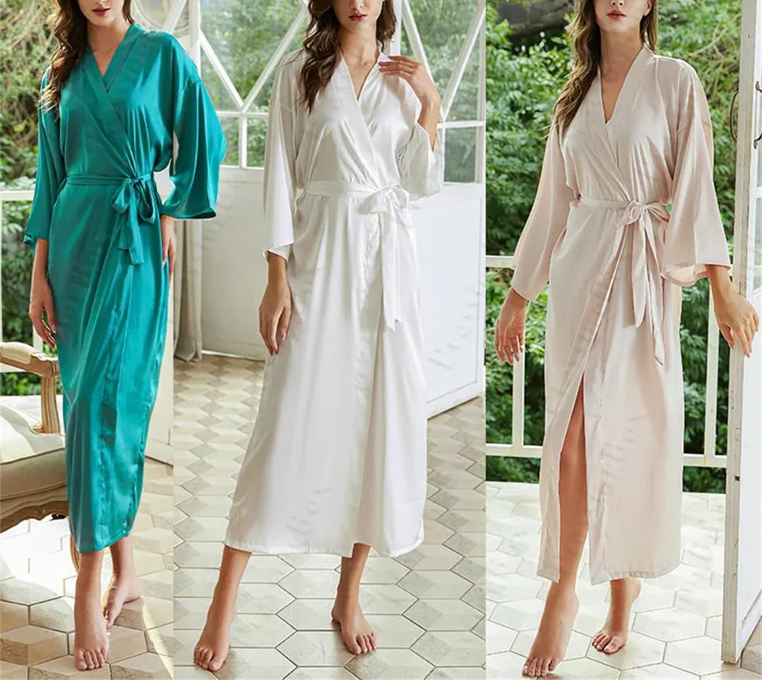 Yeuyyben Raso di seta Vesti Lunghi Manica Lunga Marrone Damigella D'onore Abiti Sposa Robe Abito Da Sposa Donna Lungo Accappatoio Da Sposa Homewear