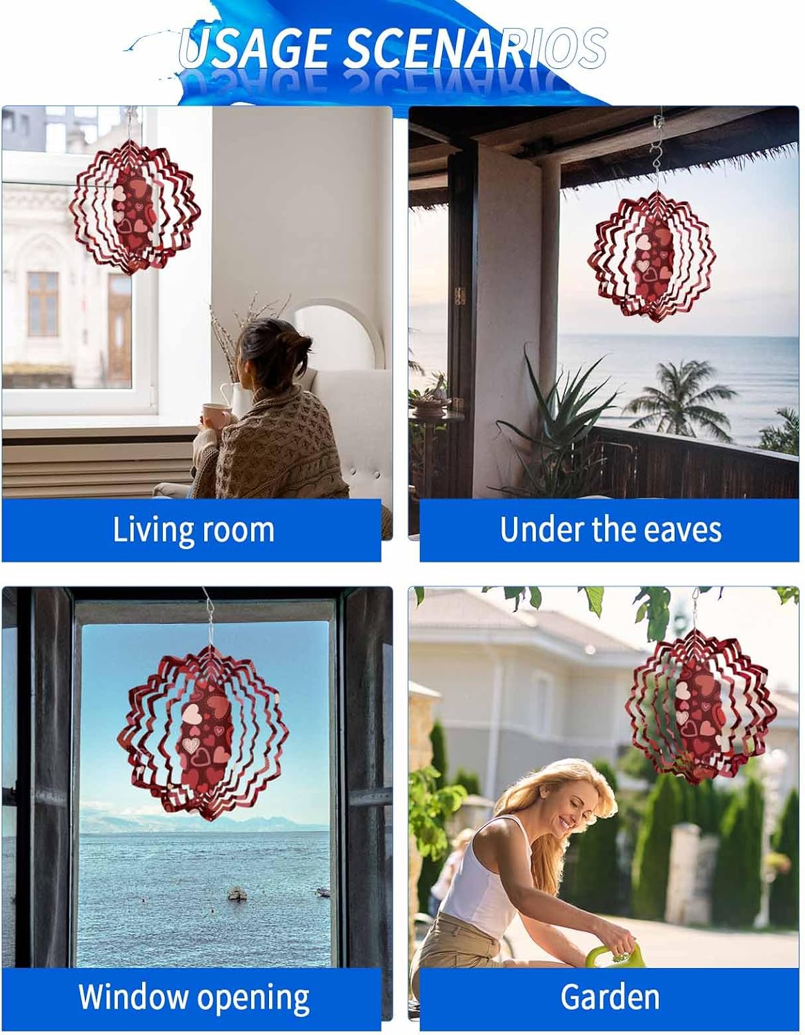 Happy Valentine's Day Love Wind Spinners for Yard and Garden, Metal Wind Spinner Hanging for Outdoor Indoor, Red Heart Background Porch Garden Wind Sculptures Ornament Spinner 12inch(Floral)