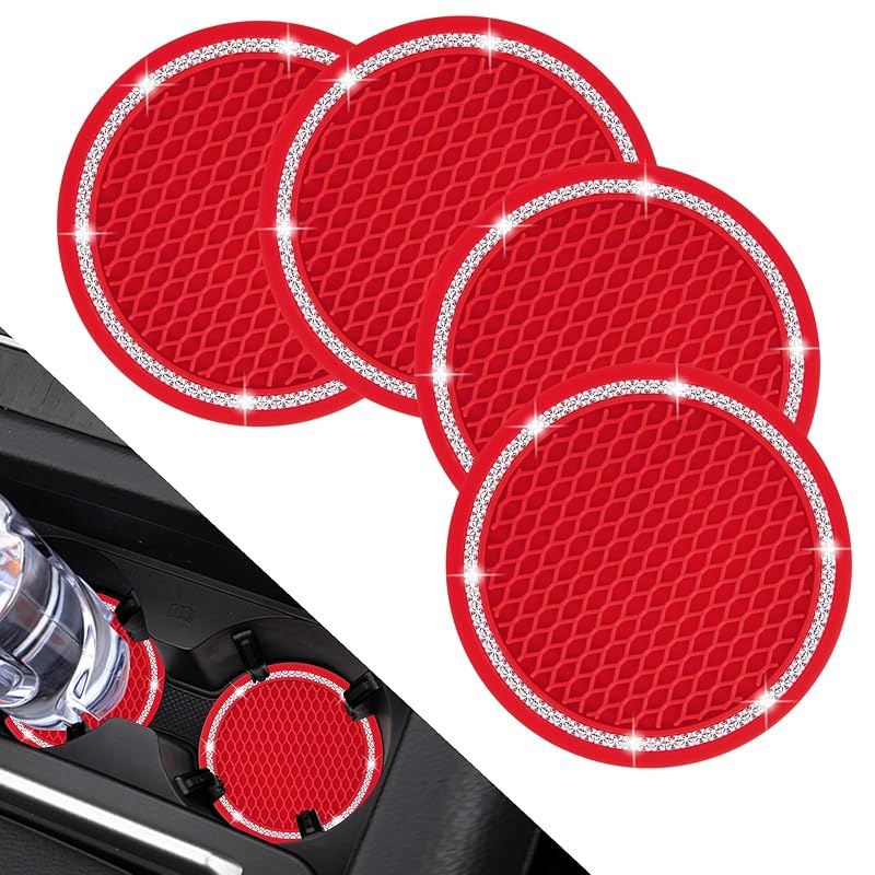 Porta-copos automotivo redondo com strass branco COCASES vermelho, conjunto com 4 peças