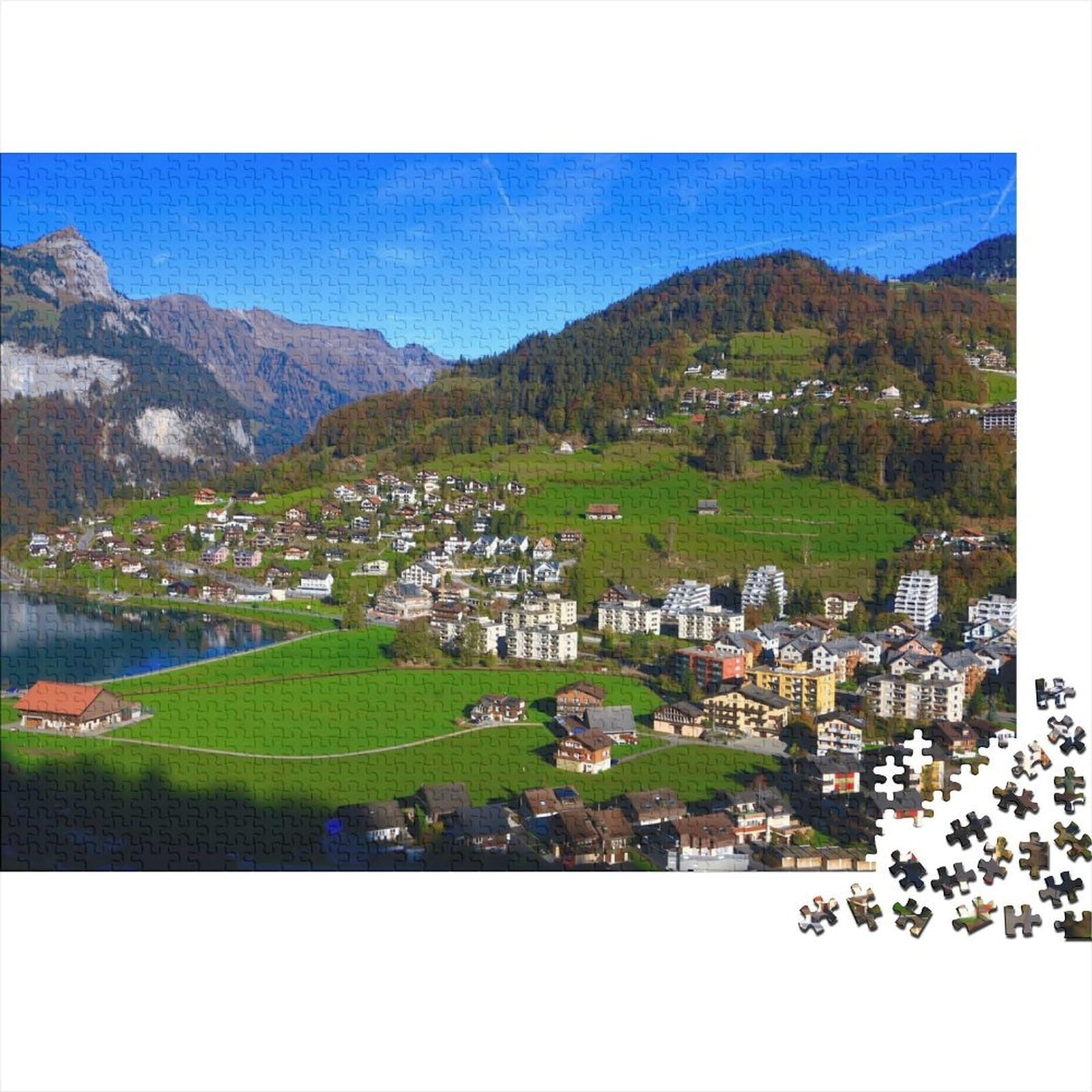 Alpine Lake Town Jigsaw Puzzle 1000 Pieces Recyclable Paper Mountain Valley Adult Jigsaws Party Game Props Developing Boy & Girlβs Intelligence Educational 52x38cm/1000pcs
