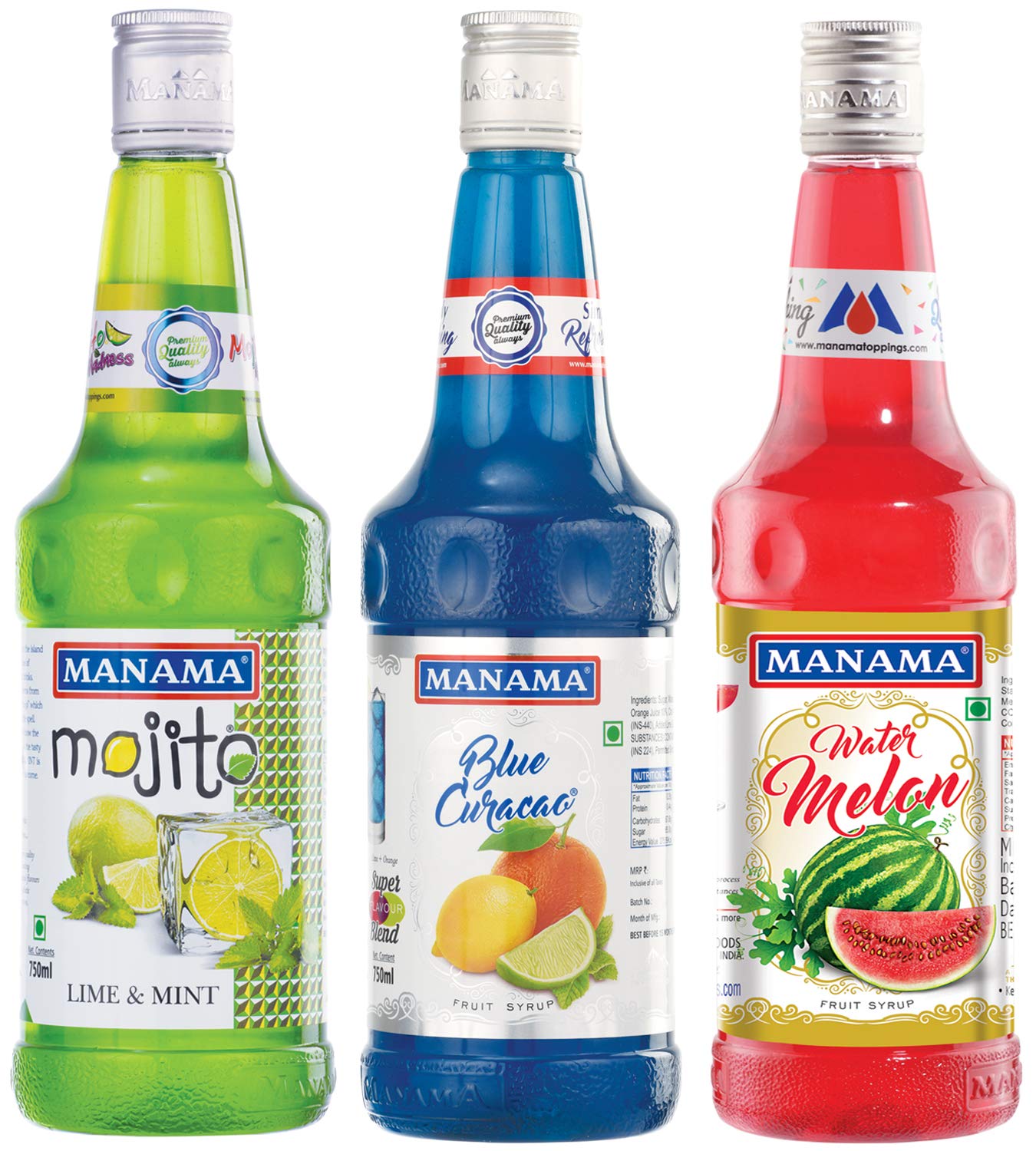 Manama Lime and Mint, Blue Curacao Syrup and Watermelon Fruit Syrup, 750ML Each, Pack of 3