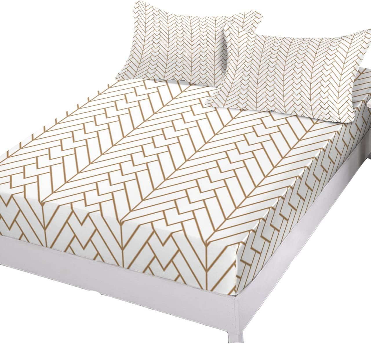Twin XL Fitted Bed Sheet Set Chic Herringbone Grid Bedsheet & Pillowcase Sets-1 Deep Pocket Elastic Bedspread for 16In Mattress with 1 Decorative Pillowcase Modern Golden Lines