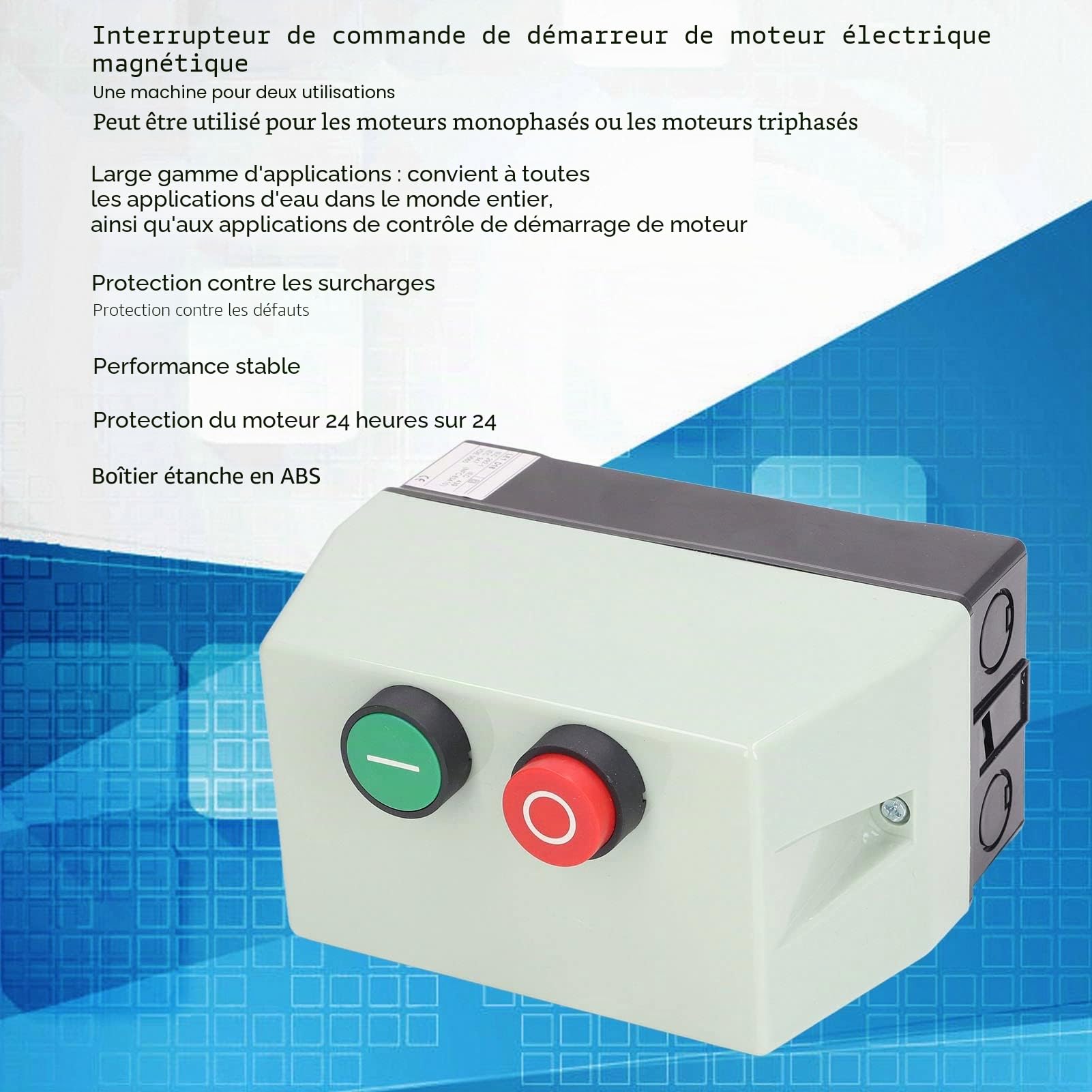Démarreur magnétique, boîtier étanche IP55 Moteurs monophasés triphasés Protection contre les surcharges Contrôle du moteur du démarreur magnétique Protection contre les défauts Commutateur magnétique