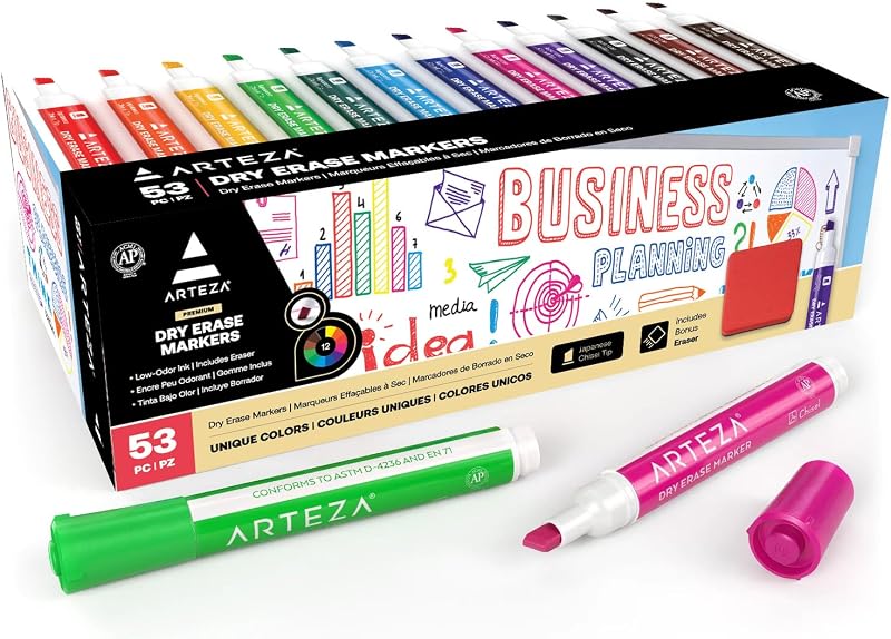 Dry Erase Markers, 52 Pack, 12 Assorted Colors, Low-Odor Whiteboard Markers with Japanese Chisel Tips for Offices, Classrooms, Planning Boards, Glass, and Plastic