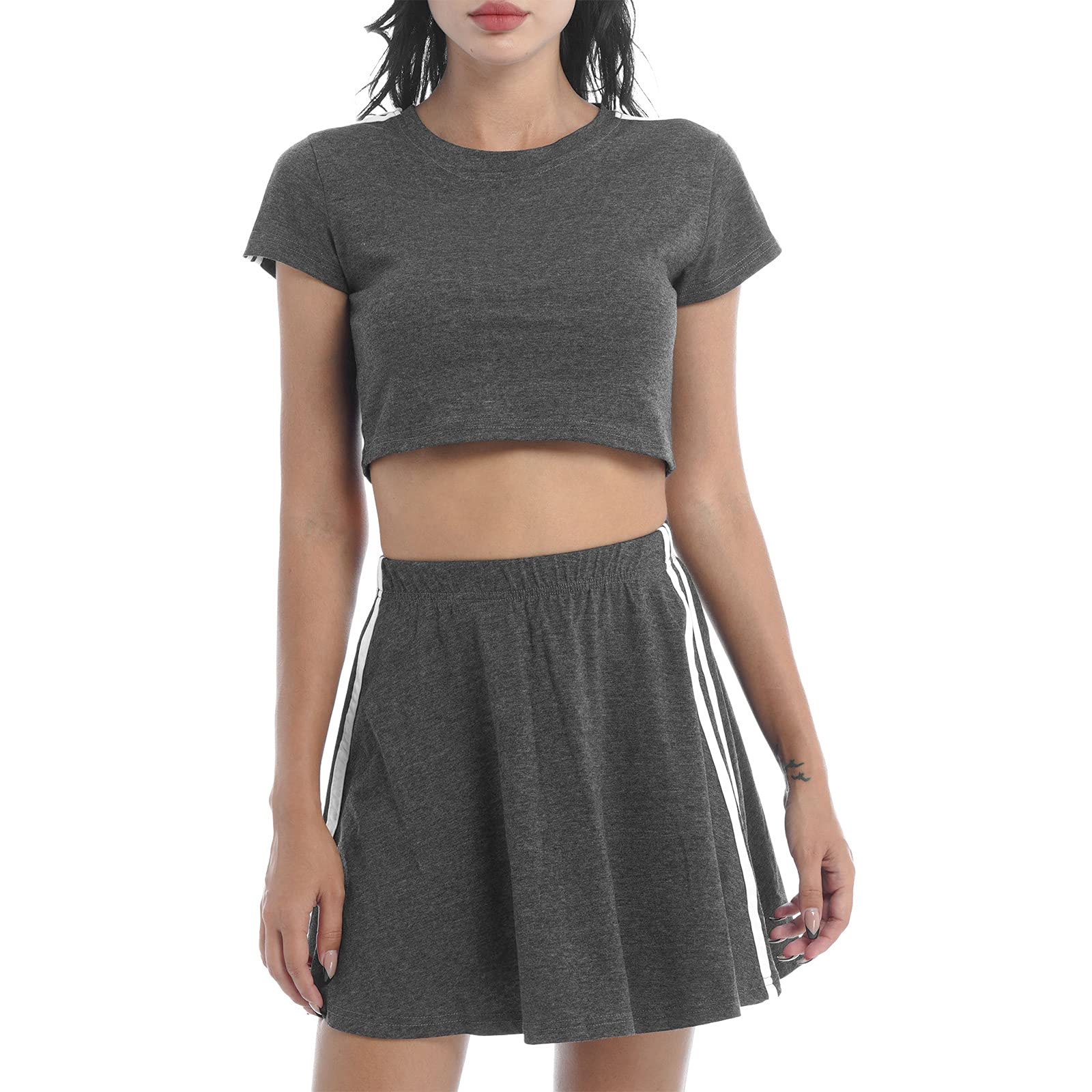 Womens Two Piece Outfits Short Sleeve Crop Top and Wrap Skirt Set Athletic Fitness Sport Activewear