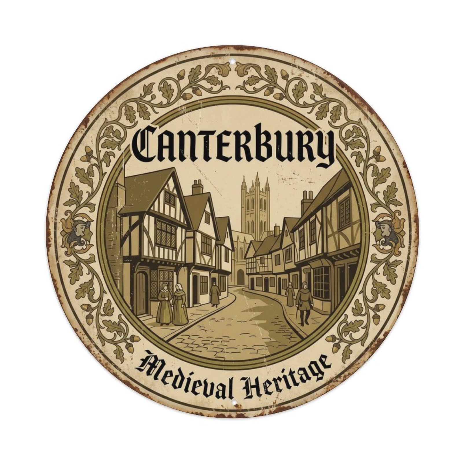 Vintage Travel Canterbury Historic Town Metal Tin Sign Plaque Wall Decor for Cafe, Club Bar, Office, Home Garden Round Metal Poster 8x8Inch