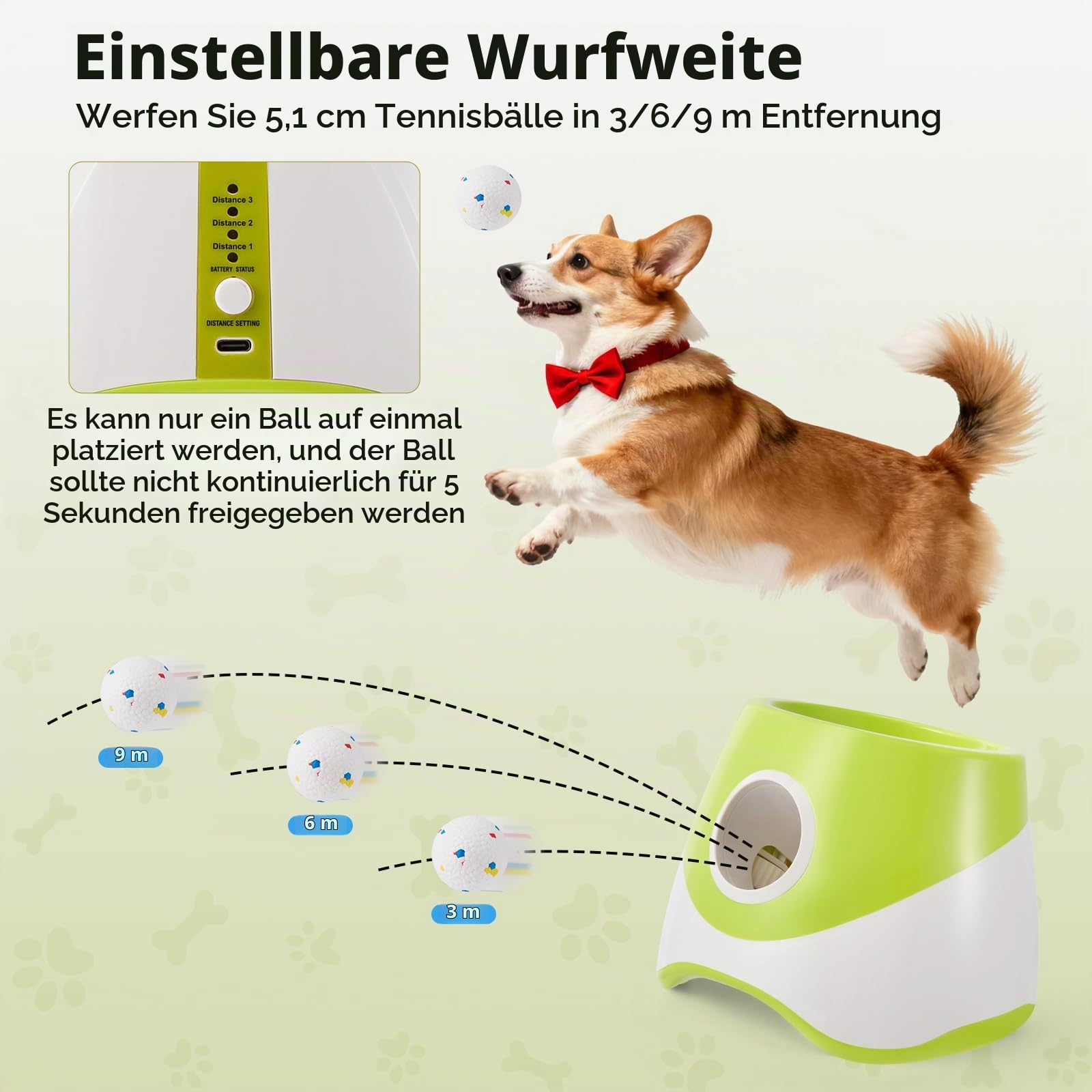 Ballwurfmaschine für Hunde,Mit 6 Tennisbälle,Mit 3 Distanzstufen,Wiederaufladbarem,Ballwurfmaschine Hund Für Kleine Hunde (Grün)