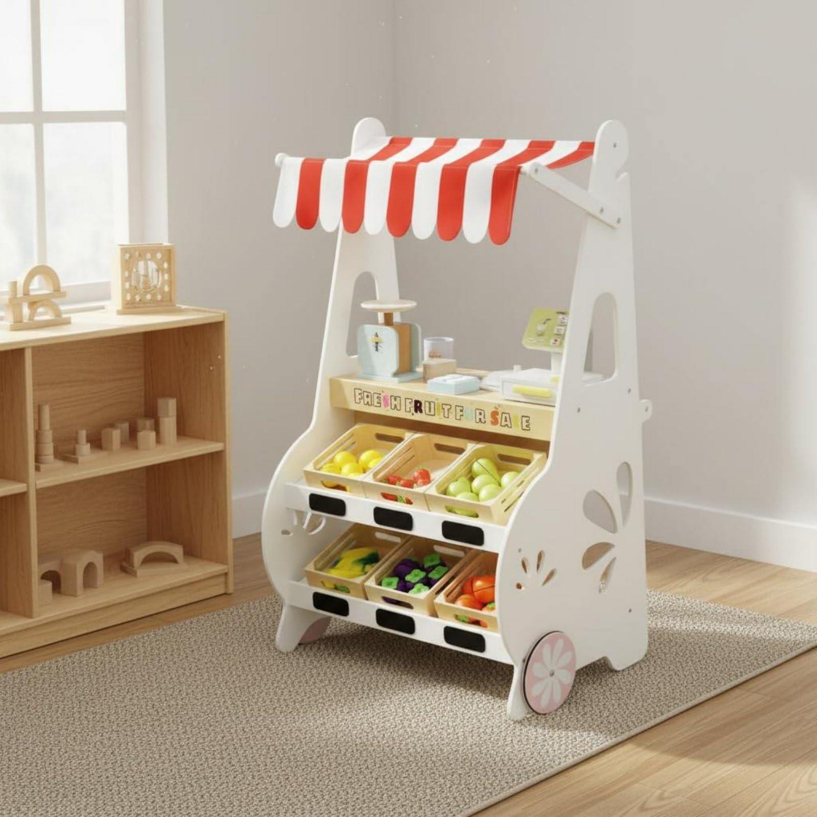 Harilla Kinder Kaufladen Holz Marktstand Spielset Obstregal Rollenspiel Zubehör Inklusive Ausziehbox Räder Tafel für Vorschule Spielzimmer Gemeinsames Spielen