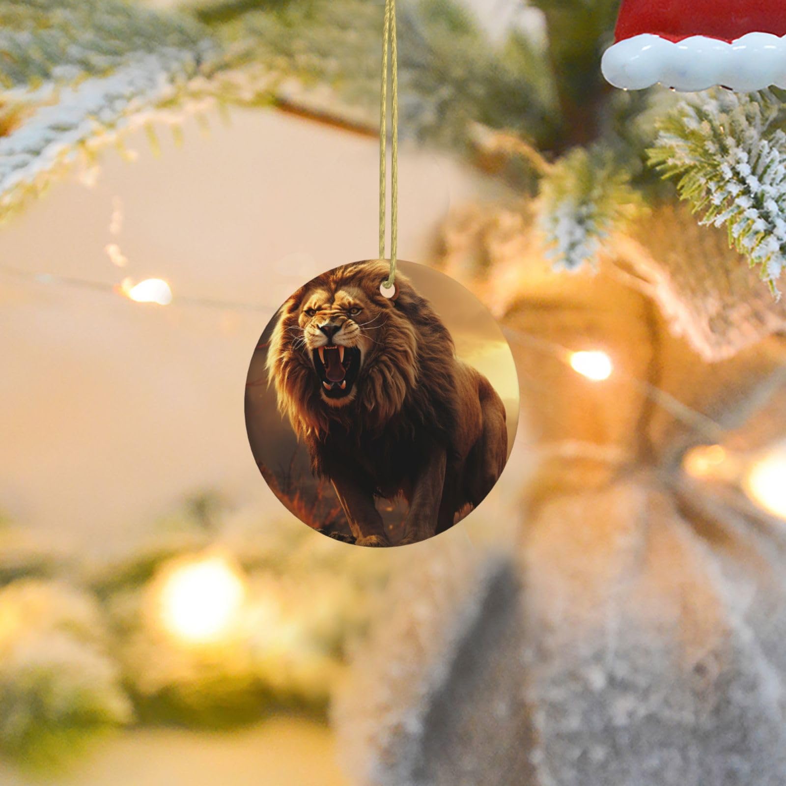 Christmas Ornaments for Christmas Tree Decoration Ceramic Hanging Angry Roaring Lion Ornament with Gold Ribbon Crafts Round Pendant for Keepsake Gifts Glass Xmas Decor Party Supplies