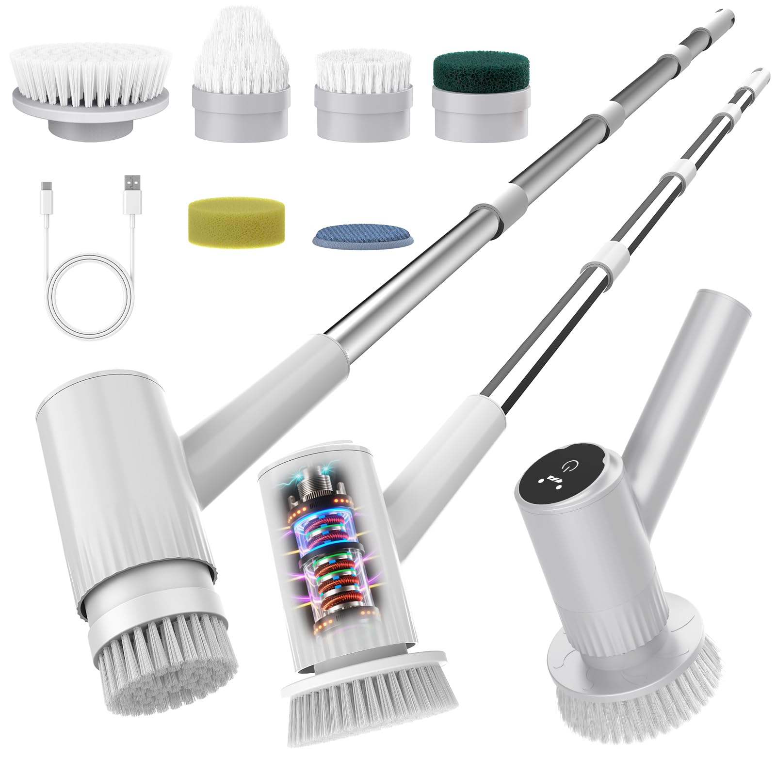 Spazzola elettrica rotante da 4500 mAh con 6 testine, manico regolabile da 119,4 cm, allevia il dolore alla schiena, impermeabile IPX7, per bagno, doccia, pavimento, piastrelle, vasca da bagno