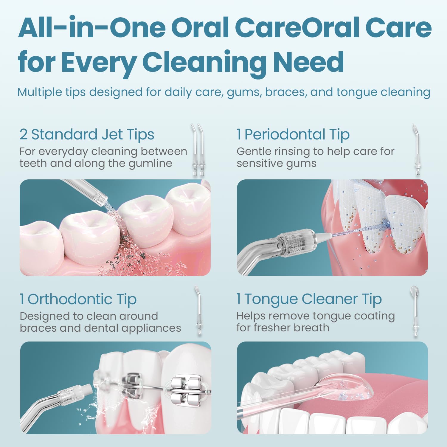 Onlyone Púa de hilo dental de agua para dientes, 300 ml, irrigador oral portátil, recargable, limpiador de riego de viaje, profesional, púas de limpieza eléctrica para limpieza de dientes, IPX7