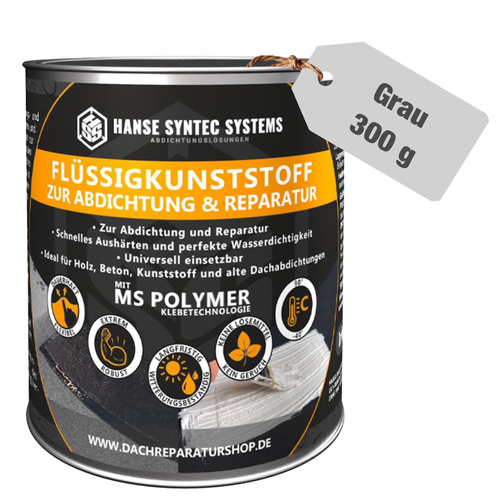 HSS Flüssigkunststoff für Abdichtung & Reparatur – UV- & witterungsbeständig (MS-Polymer), 300 g, Grau