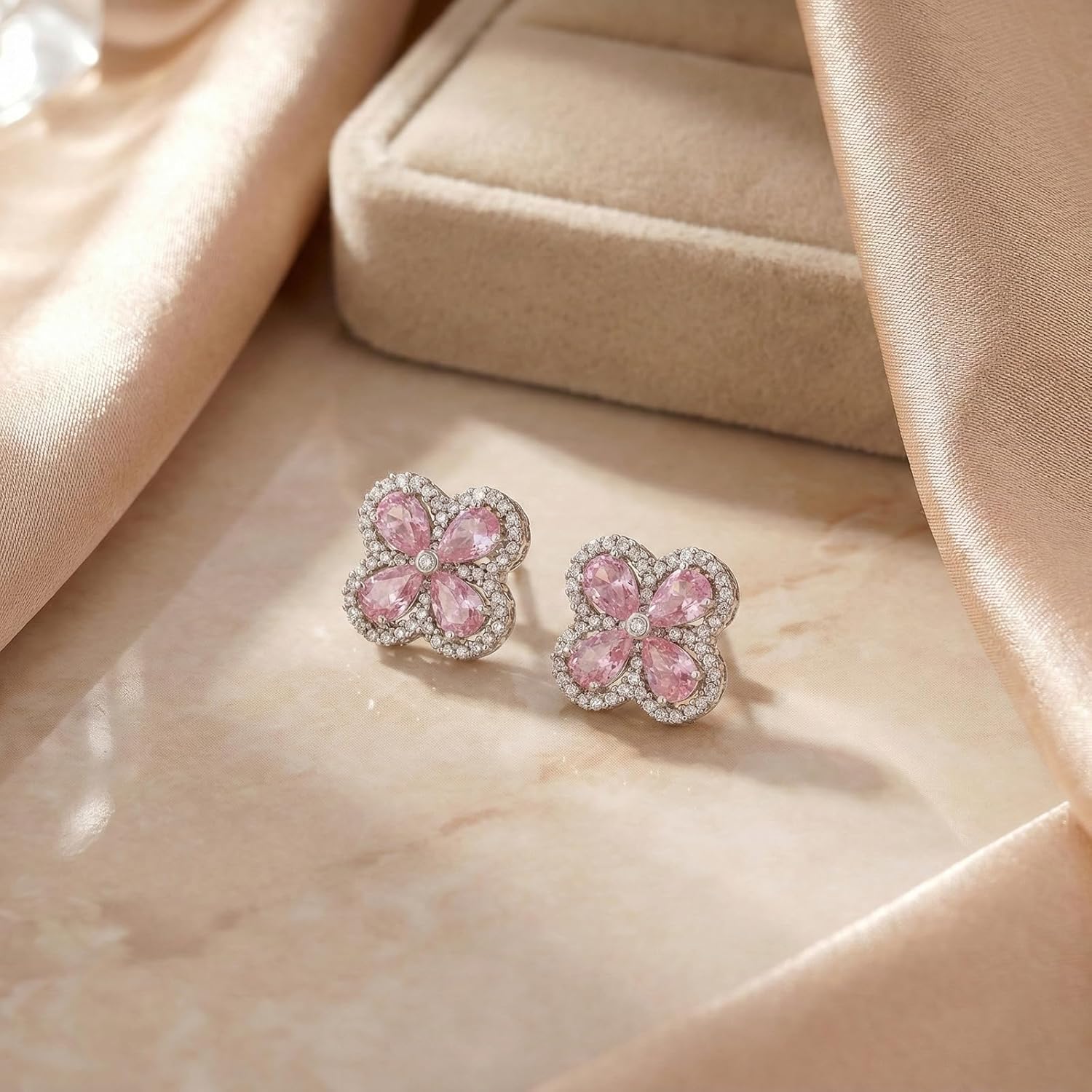 18K Gold Plated Stud Earrings for Women Trendy, 925 Sterling Silver Pear Shaped Stone Four Leaf Clover Earrings, Lightweight CZ Hypoallergenic Fashion Accessories Gold Jewelry Gifts for Women