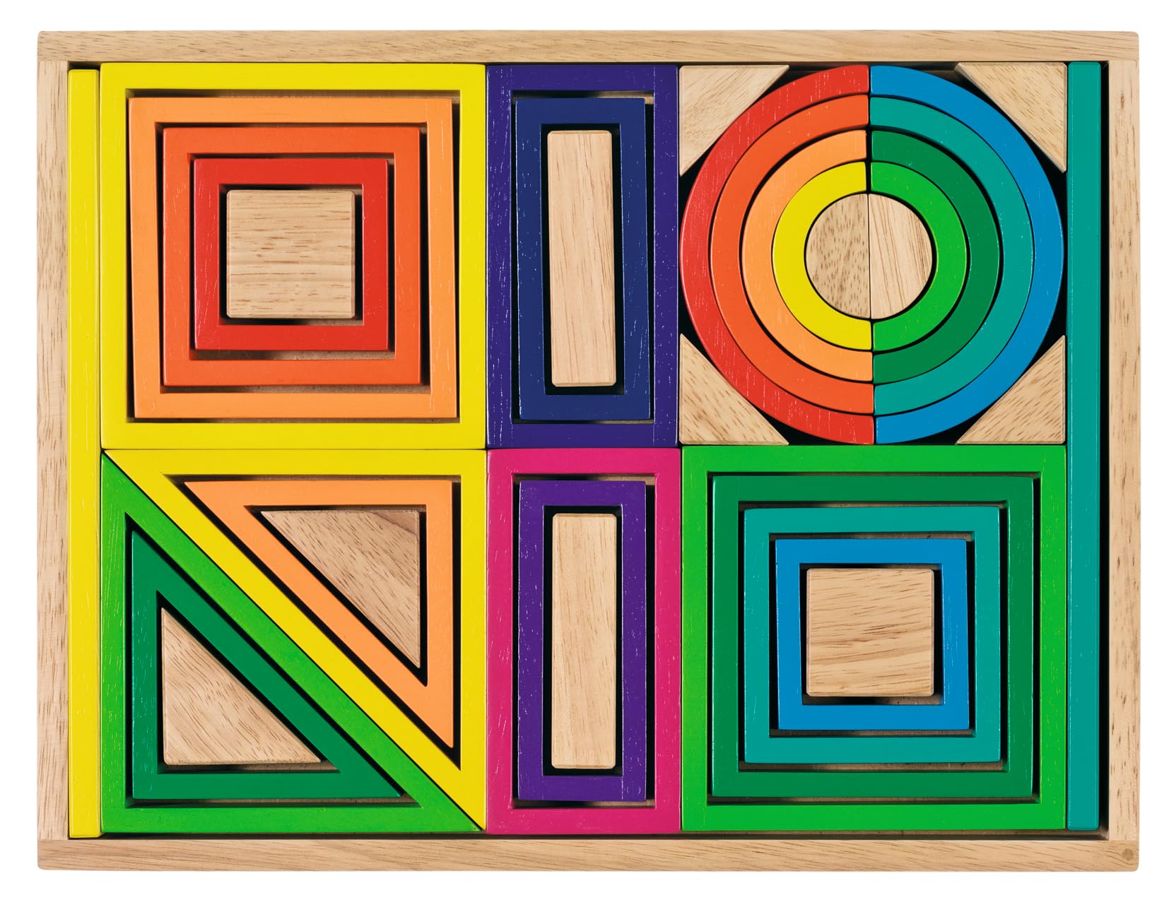 goki 58655- Bausteine Regenbogen aus Holz, kreatives Bauen mit unterschiedlichen Formen und Farben, ​​Aufbewahrung im Holzkasten, Motorikspielzeug für Kinder, 34 x 26 cm, 38er Set, ab 3 Jahre