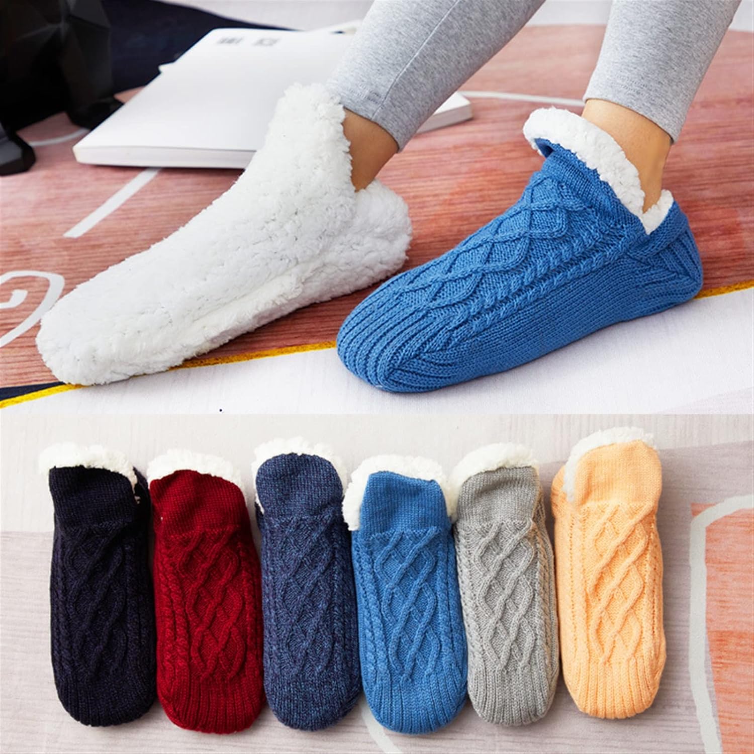 XIRUJNFD New Woven and Velvet Indoor Socks Slippers, Womens Slipper Socks, Slipper Socks for Women with Grippers Non Slip, Indoor Floor Non-Slip Thermal Socks (Grey,3 Pair)