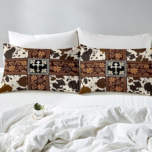 Miniatura 5 de Juego de edredón con estampado de vaca, tamaño King, juego de ropa de cama floral retro para niñas, niños, hombres, mujeres, diseño oeste, suroeste,