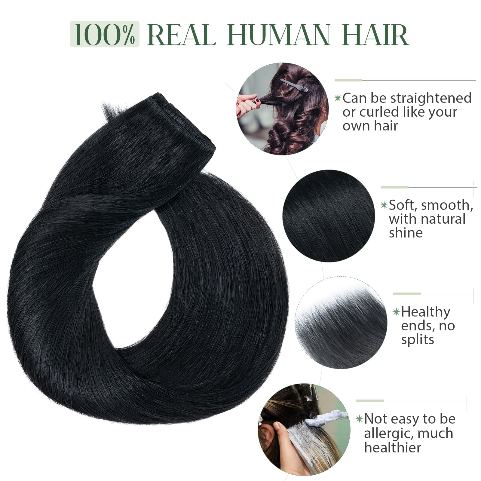 TESS Human Hair Extensions Clip in Real Hair Black Remy 5 Pieces Straight Natural Hairpieces for Women/Girls (#01 Jet Black - Image 2