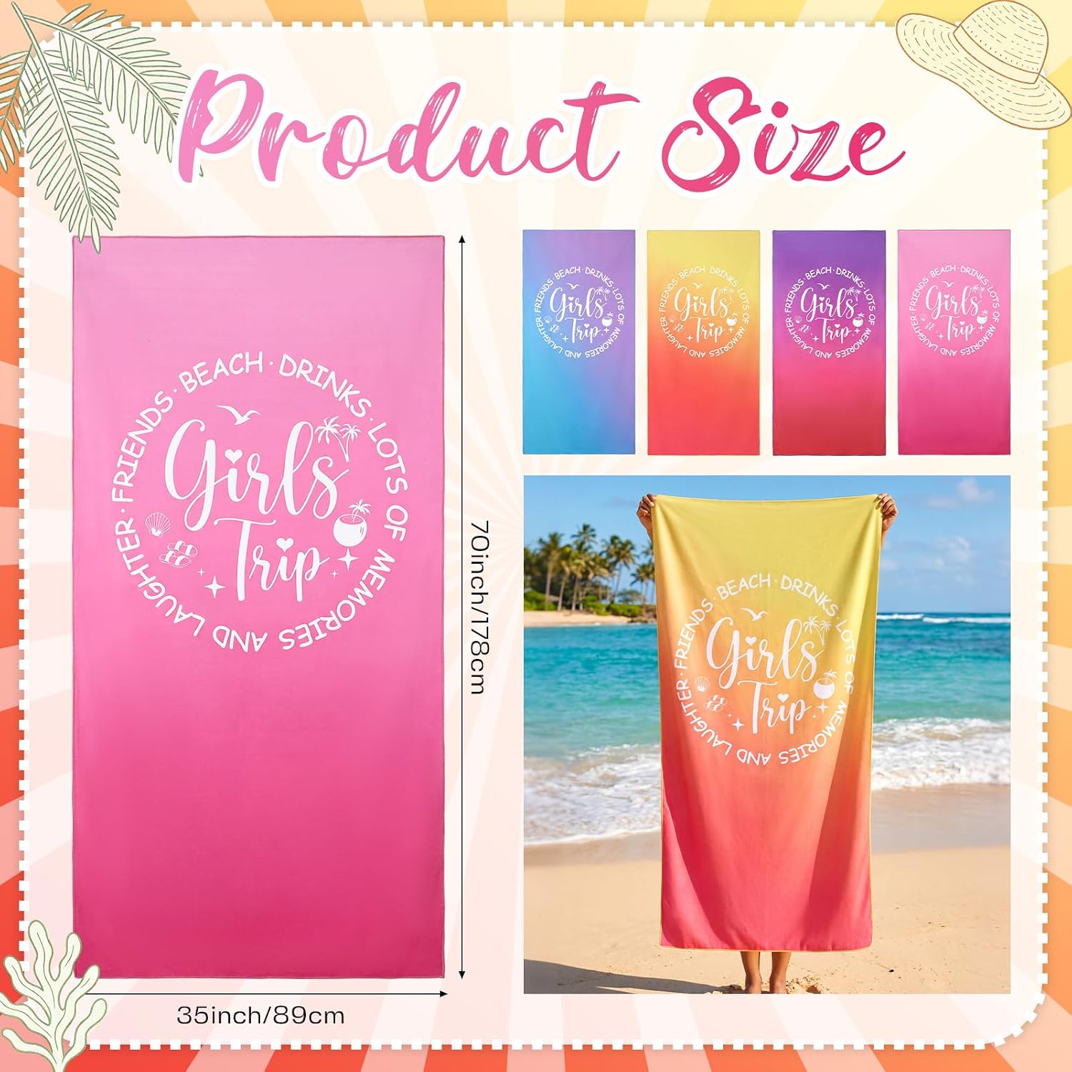 4 Pcs 35" x 70'' Girls Trip Beach Towels Gifts, Gradient Colors