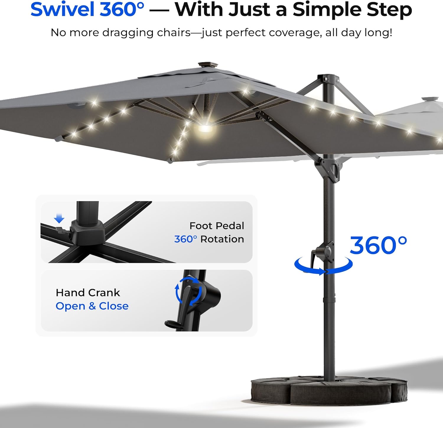HOMSHADE 10 ft Square Cantilever Patio Umbrella with Base Included, Solar Lights Large Umbrella Outdoor Patio with 360°Rotation&Tilting, LED Lighted Offset Umbrellas w/Stand for Pool Deck