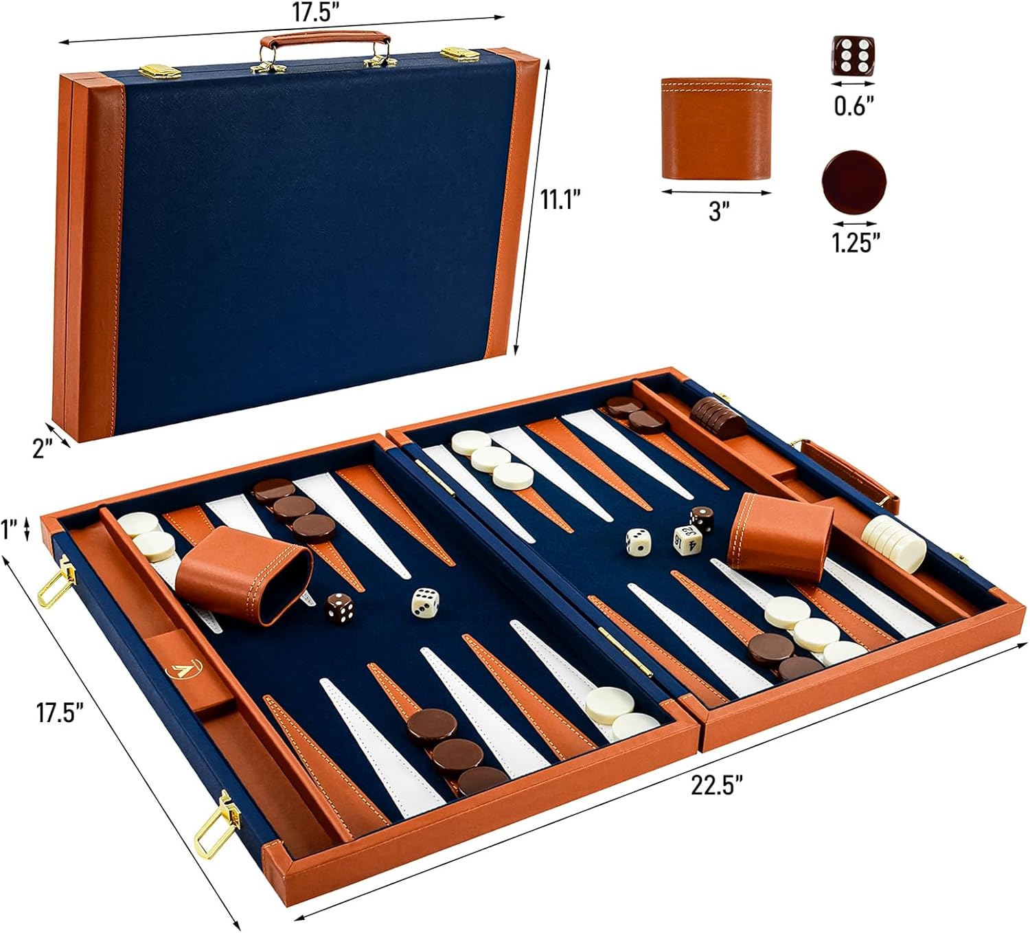 Backgammon Sets for Adults, Large Backgammon Board Games Set, 17.5 Inch Premium PU Leather Backga mon Game, Portable Backgammon Case for Travel, Classic Board Strategy Game Gifts, Dark Blue