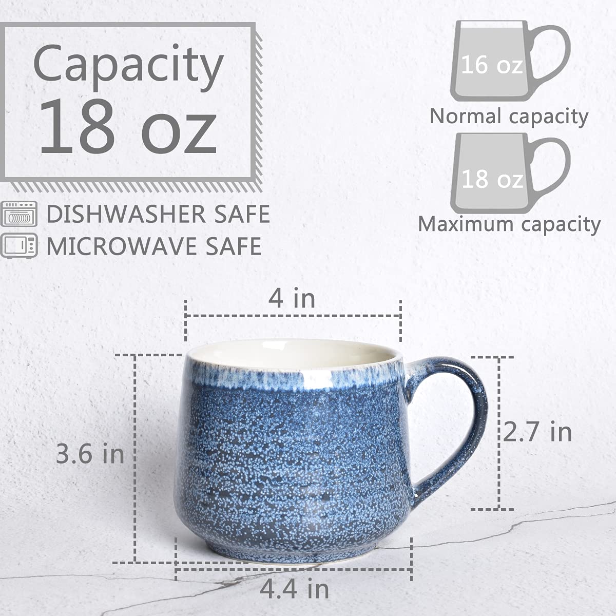 Bosmarlin Duży ceramiczny kubek do kawy zestaw 2 sztuk, duża filiżanka do herbaty do biura i domu, nadaje się do zmywarki i kuchenki mikrofalowej (niebieski, 2)
