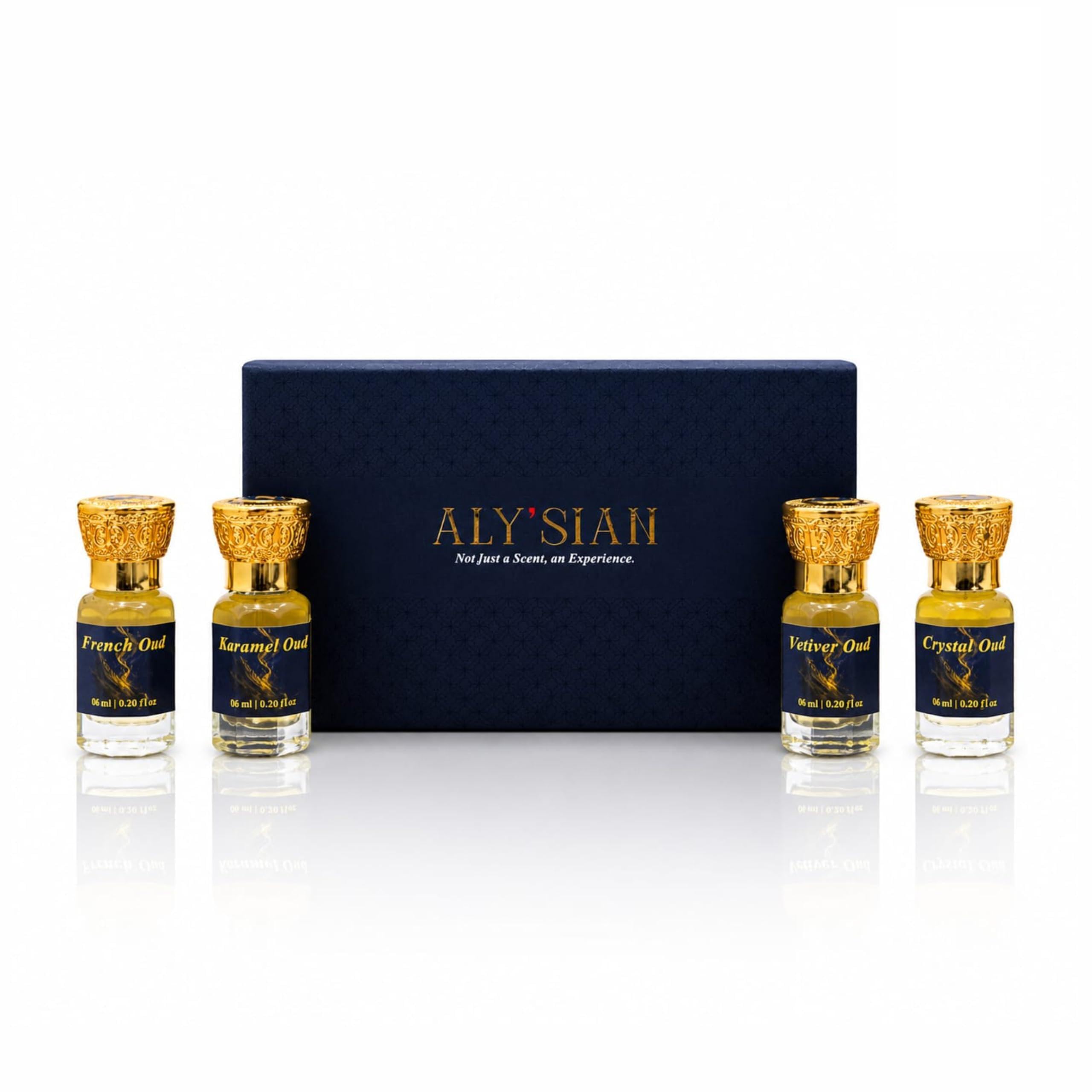 ALY'SIAN Oud Signature Gift Set 4 x 6ml Premium Attar Perfume Oil for Men & Women | Crystal Oud, Karamel, French & Vetiver | Long Lasting Non Alcoholic Roll On Fragrance | Unisex Luxury Ittar Gift Collection-image-7
