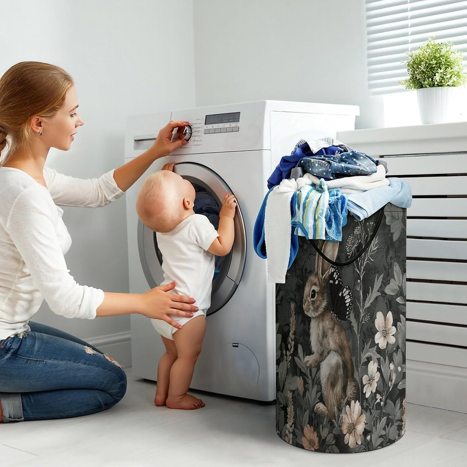 Flowers And Rabbit Laundry Hamper Large Collapsible Laundry Basket with Handles Waterproof Clothes Hamper Portable Dirty Clothes Basket for Bedroom Laundry Room Closet Bathroom