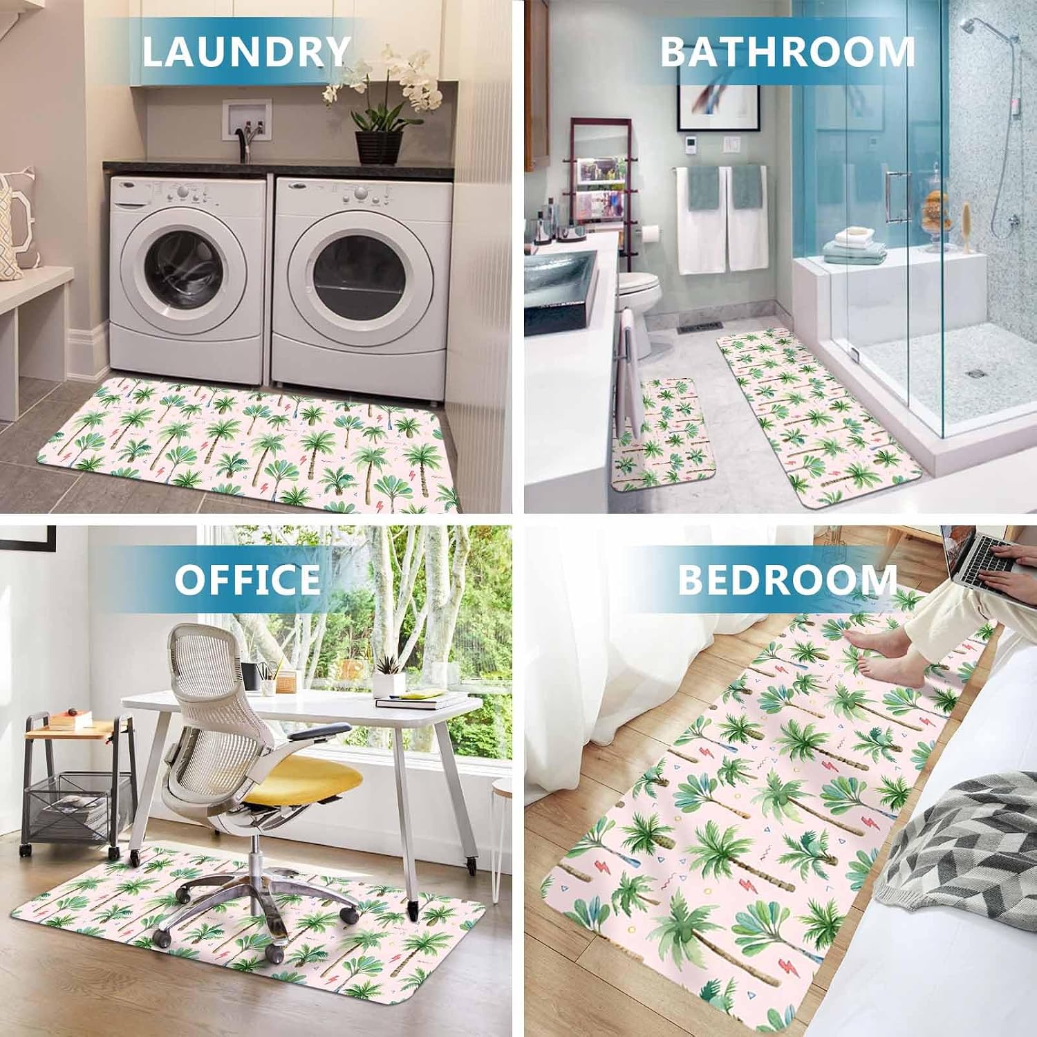 Prime Leader Tropical Palm Tree Kitchen Mat Set 2 Pieces Lightning Summer Forest Pink Boho Non Slip Kitchen Rugs Washable Runner Rug Mats for Floor Sink Laundry Office 23.6" x 35.4"+23.6" x 70.9"