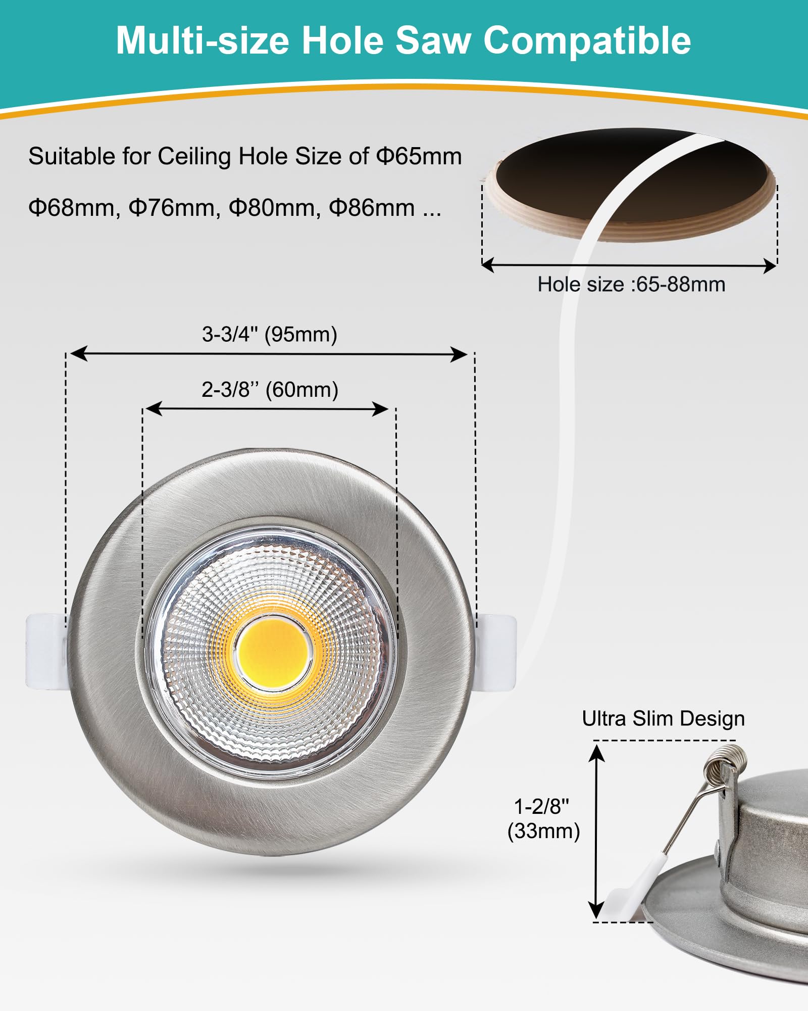 HiBay Lot de 8 Spot LED Encastrable Dimmable Extra Plat,7W 230V Spots de Plafond Encastre,600LM 3000K Blanc Chaud Éclairage Encastré COB,Trou 65-85mm Spot de Plafond Inox Pour Cuisine Chambre Salon
