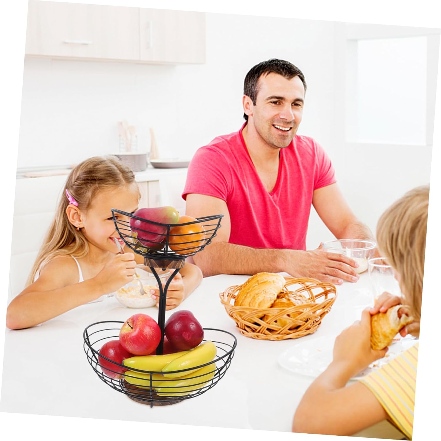 Unomor Multi-layer Wire Fruit Basket with Base Stylish Fruit Bowl for Kitchen Counter for Bananas and Produce Storage Iron and Wood Design