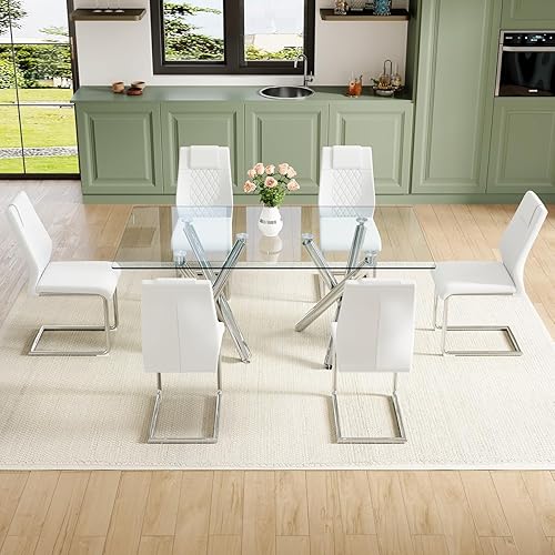 Miniatura 3 de Juego de mesa de comedor de cristal para 6.71 pulgadas, mesa de comedor para 6, mesa rectangular grande de vidrio templado y 6 sillas de piel Mesa