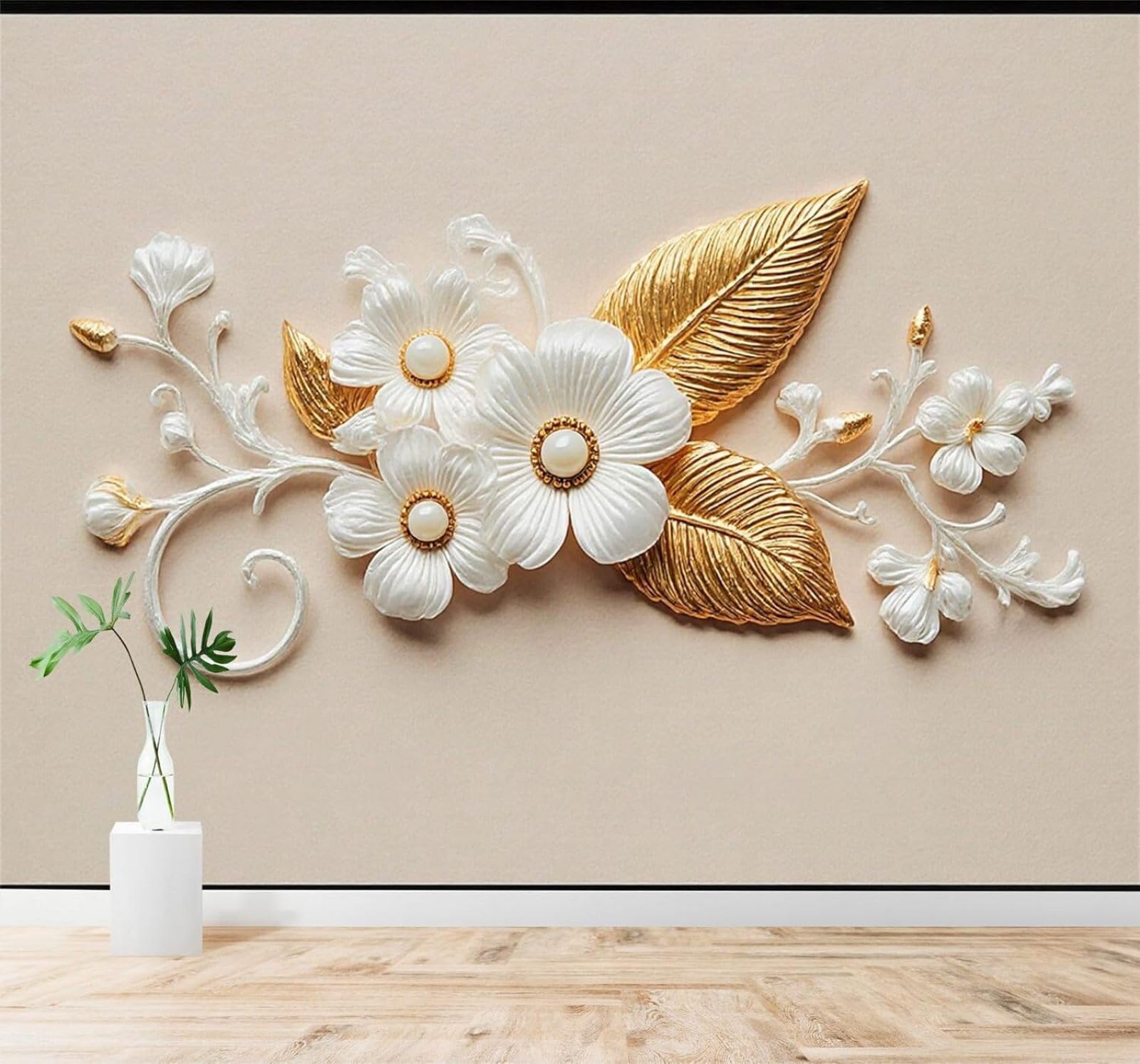 Xlming 350Cm×256Cm(B×H) Minimalist Relief White Golden Flowers Elegant Leaves 3D Wallpaper Silky Texture Home Study Office Grey Dining Room Sofa Bedroom Living Room Tv Backdrop-350Cm×256Cm