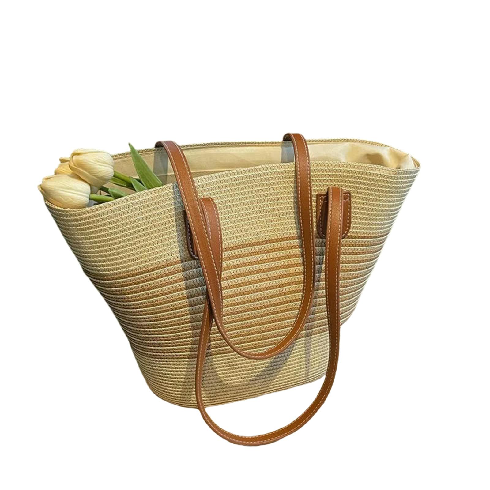 Sac à main femme de paille beige grande capacité pour la plage et le voyage