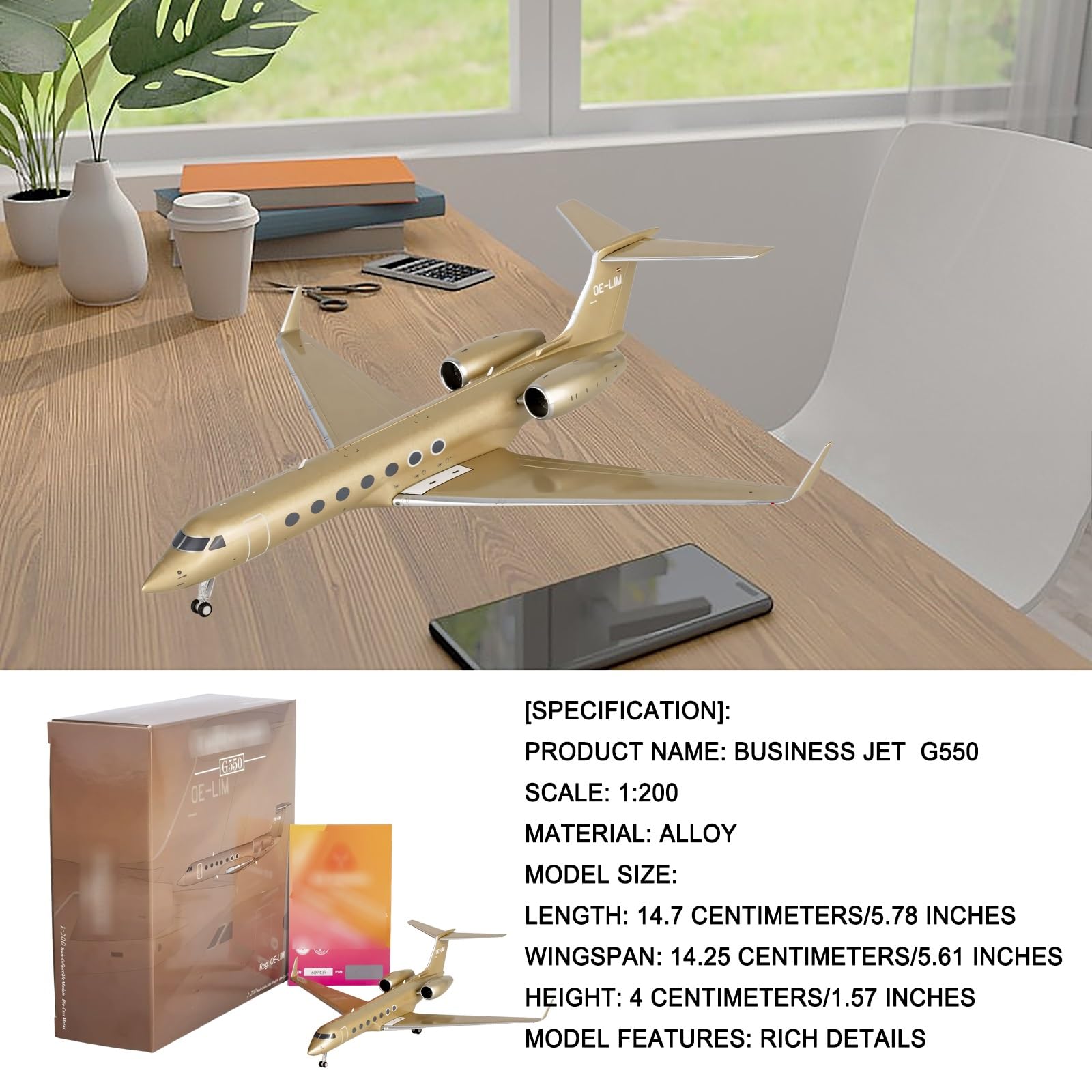 Modello jet privato G550 scala 1:200 resina grandi dimensioni con kit espositore, aereo pressofuso alta qualità for l'arredamento casa ufficio, collezionisti appassionati aviazione