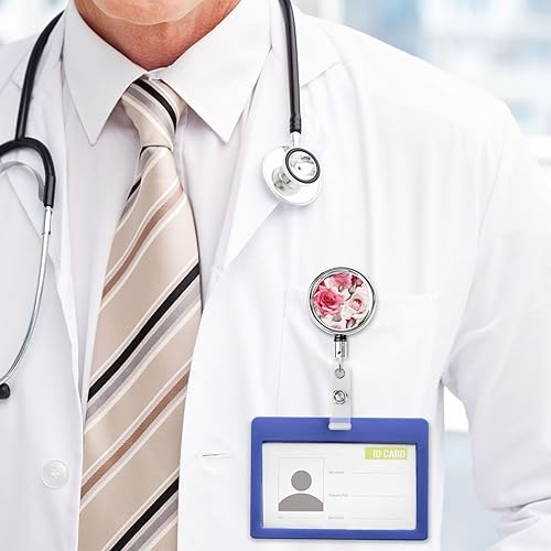 Miniatura 7 de Carretes retráctiles de rosa rosa, bonito soporte para tarjetas de identificación con clip giratorio de 360 grados, carrete de clip de insignia de