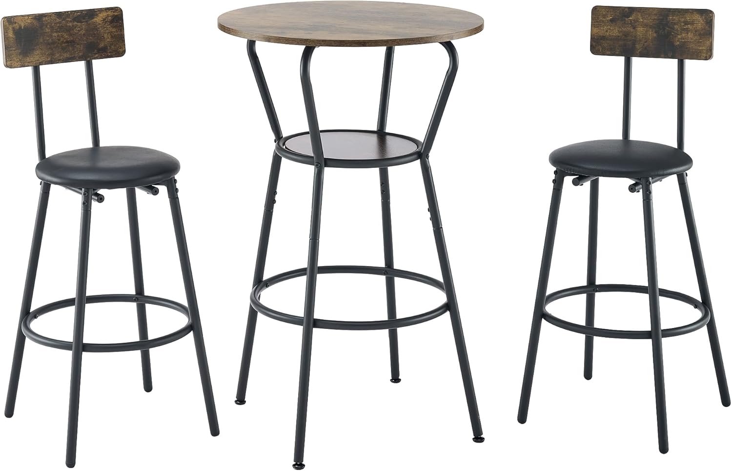 LUCKHAO 3-Piece Bar Table Set with Shelf, Small 2-Tier Round Bistro Pub Dining Table & PU Upholstered Stools with Backrest, Counter Height Table and Chairs Set for Kitchen Small Space, Rustic Brown