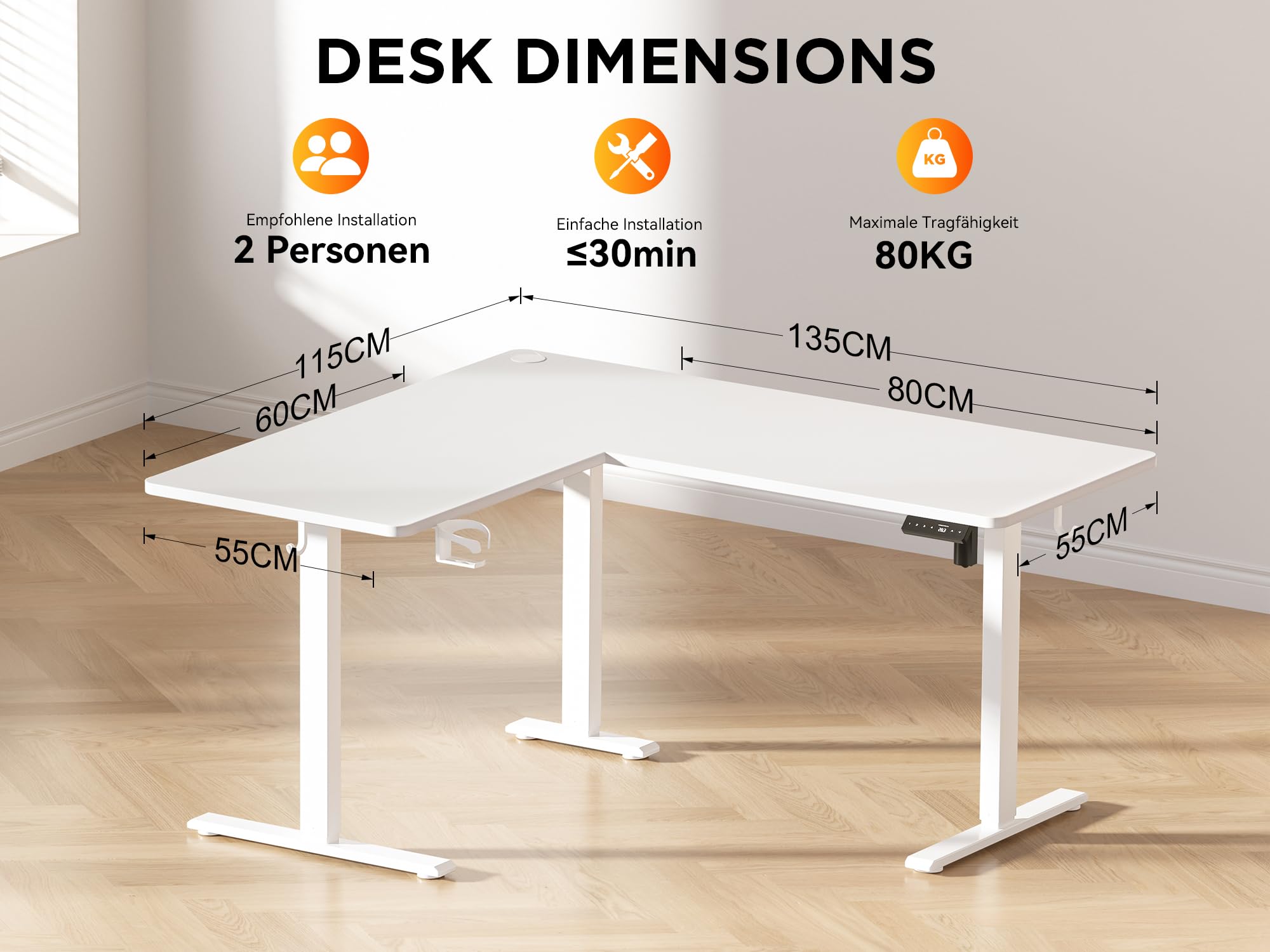 WALKINGDESK Bureau électrique en L, 135 x 115 cm Bureau d'angle Assis Debout, Ergonomique Bureaux Réglable en Hauteur, Standing Desk avec 4 Contrôles de Mémoire, 2 Crochet, Blanc
