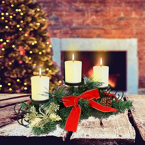 Miniatura 6 de MorTime Centro de mesa de Navidad con lazo rojo, bayas, piñas, centro de mesa con base de acero para decoración navideña