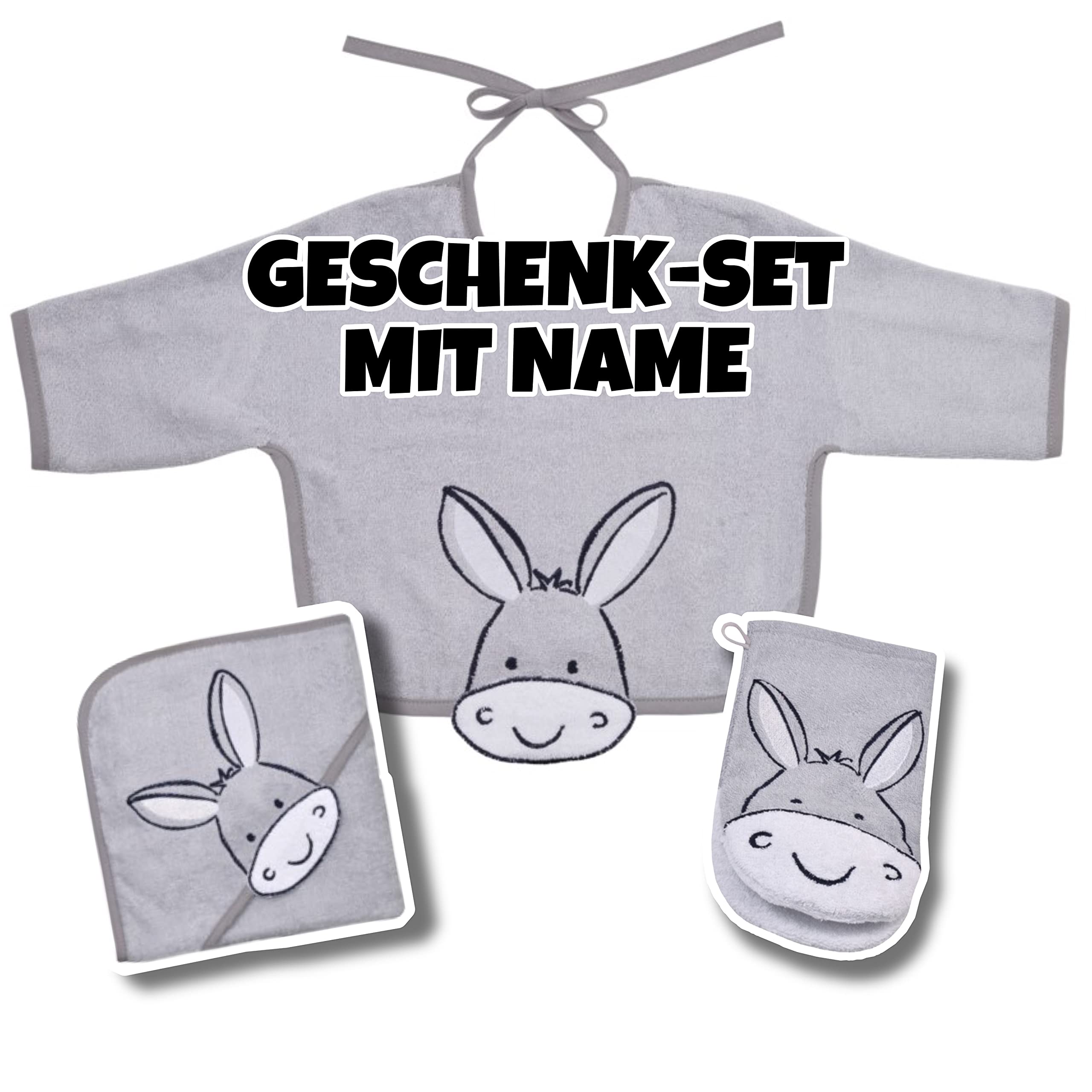 Baby Geschenk Set | personalisiert | Kapuzenhandtuch Baby 80x80 cm + Waschlappen Baby + Baby Lätzchen | Baby Erstausstattung | Pflegeset | personalisierte Geschenke Baby (Esel Grau)