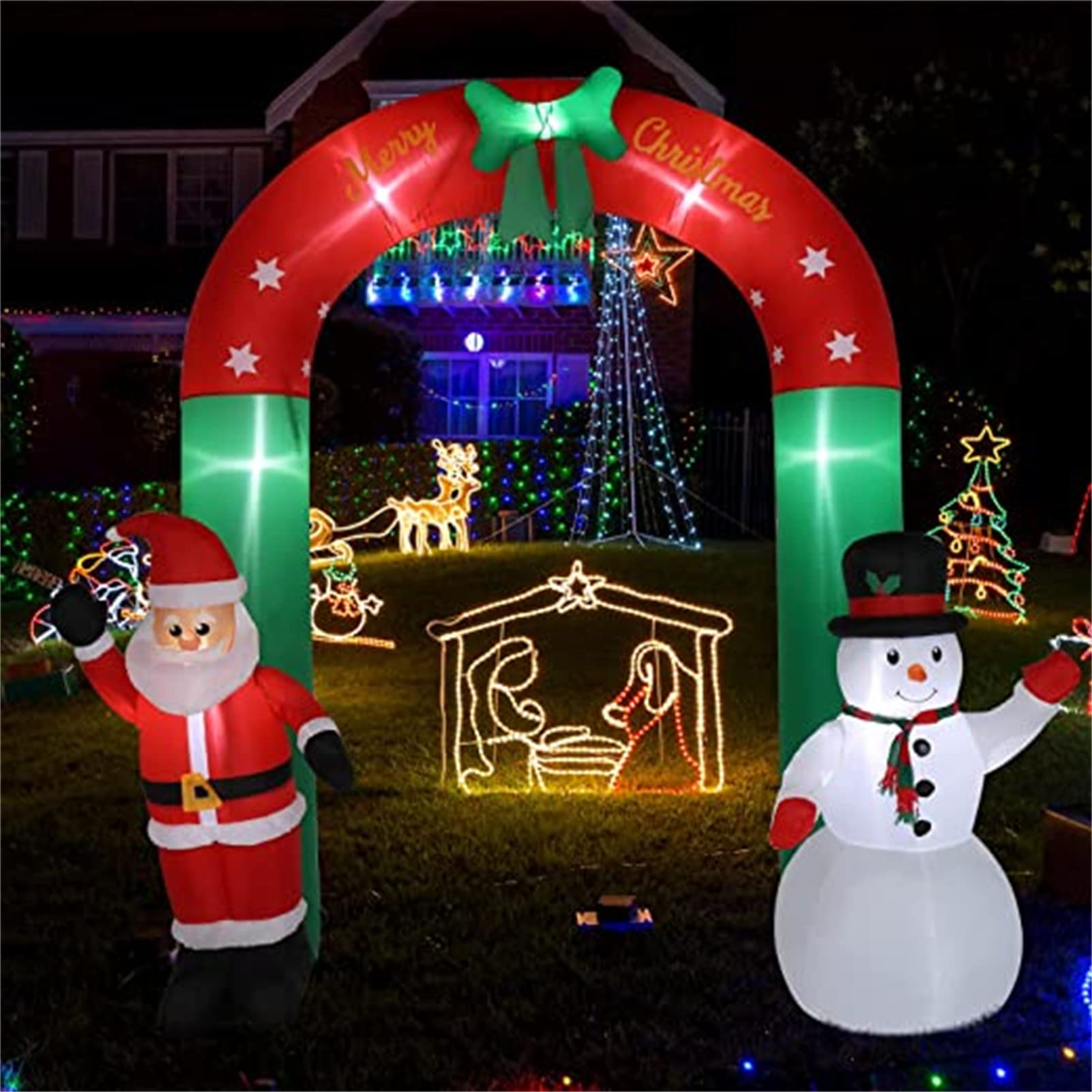 QBOMB Arche Gonflable de Noël de 8 Pieds avec lumières LED intégrées, Père Noël et Bonhomme de Neige Décorations de Vacances en Plein air pour la pelouse de Jardin de Jardin